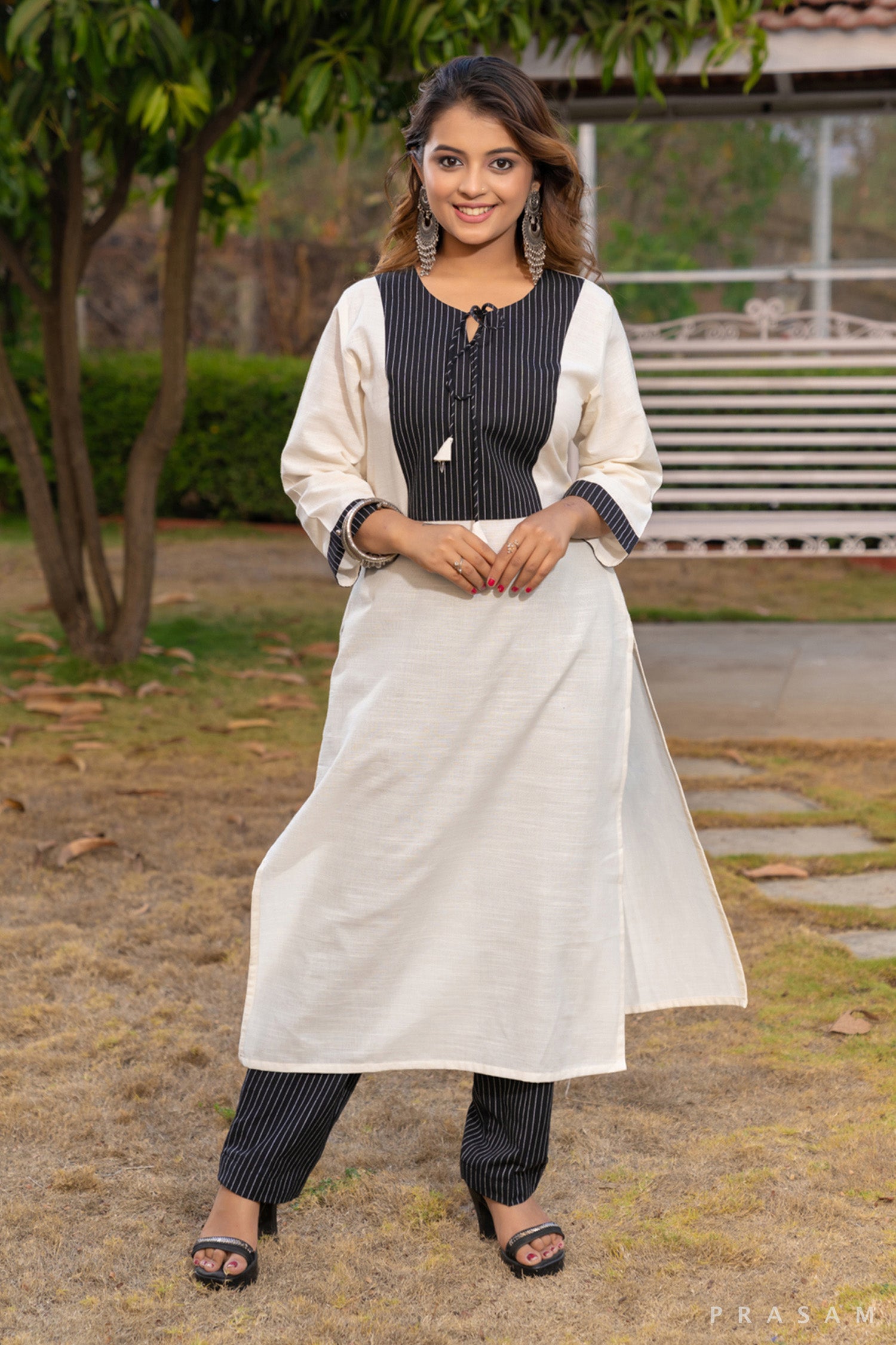 Whispering Sands Off-White Handloom Cotton Kurti with Stripe Yoke (Optional Pants)