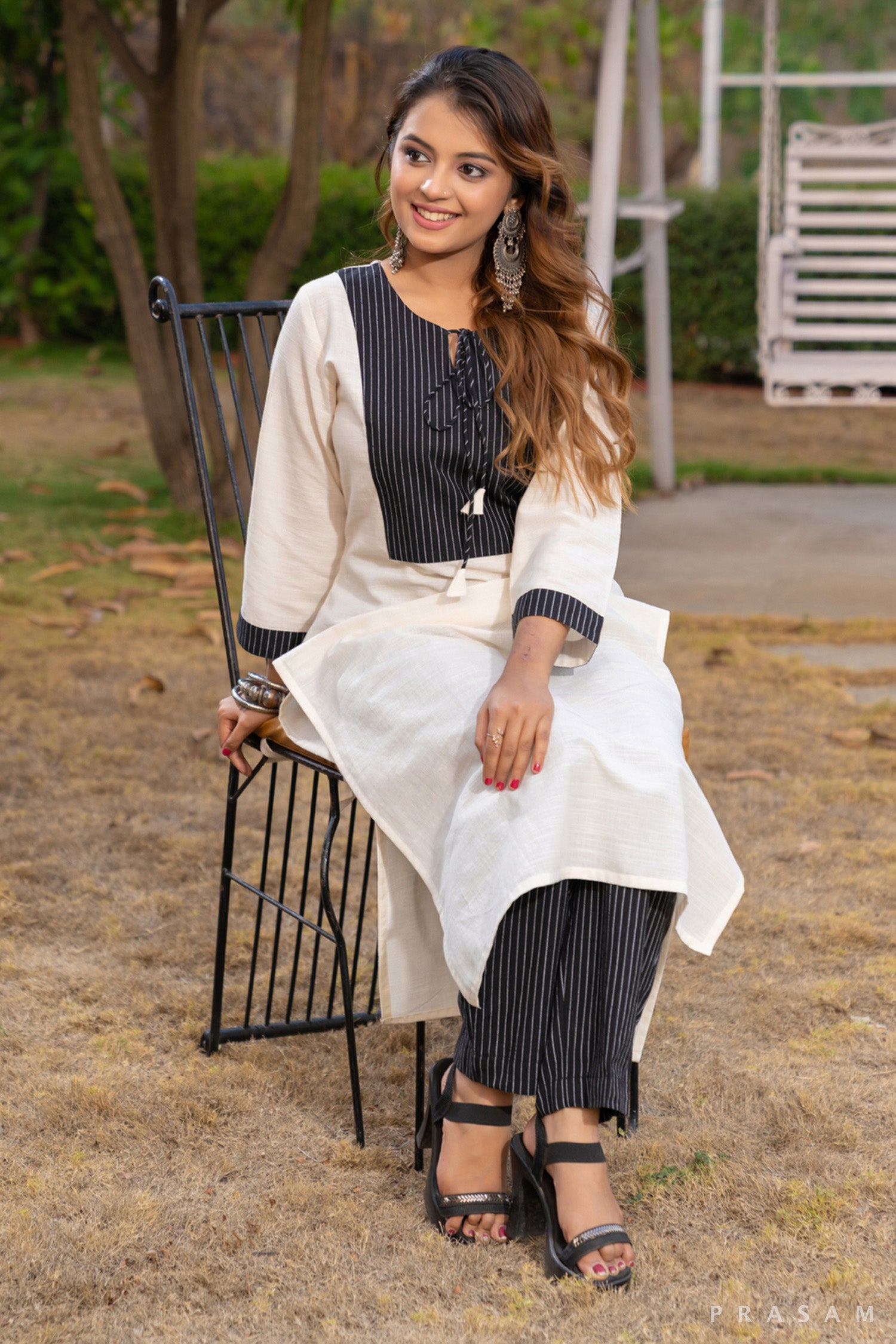 Whispering Sands Off-White Handloom Cotton Kurti with Stripe Yoke (Optional Pants)