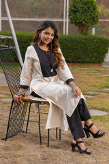 Whispering Sands Off-White Handloom Cotton Kurti with Stripe Yoke