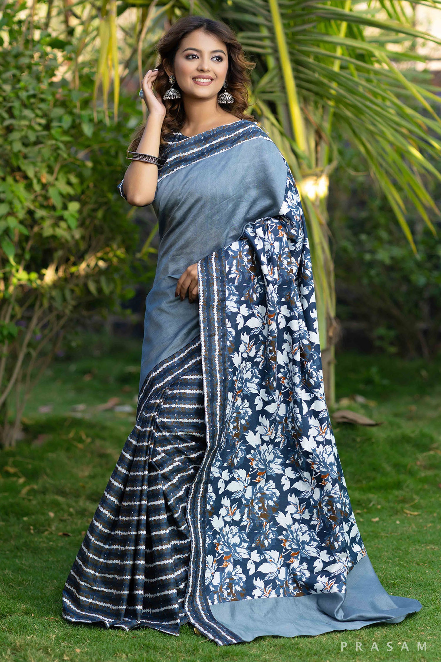 Vanya grey floral block printed cotton and chanderi fusion saree