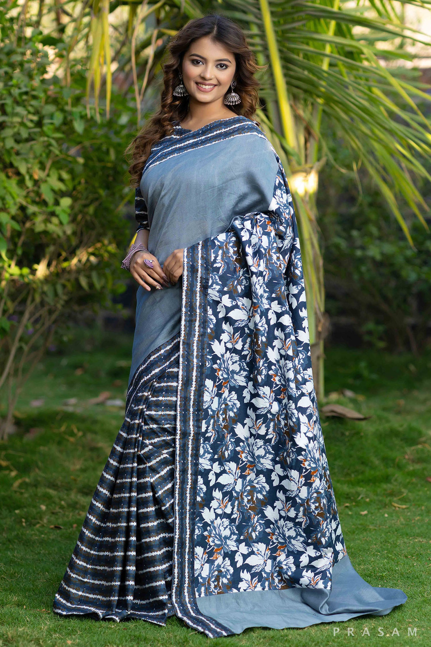 Vanya grey floral block printed cotton and chanderi fusion saree