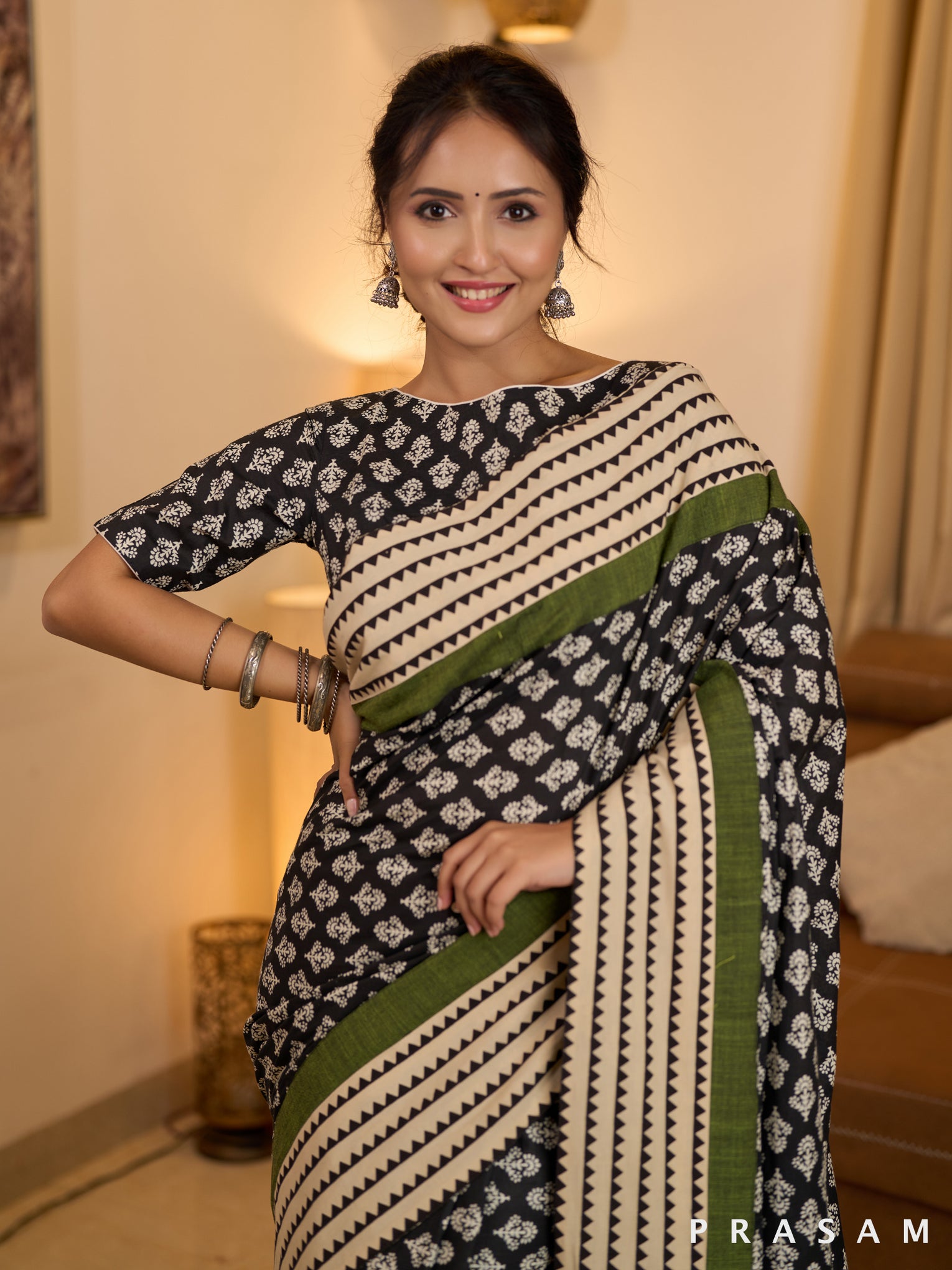 Enchanted Grove Ajrakh Block Printed Cotton Saree