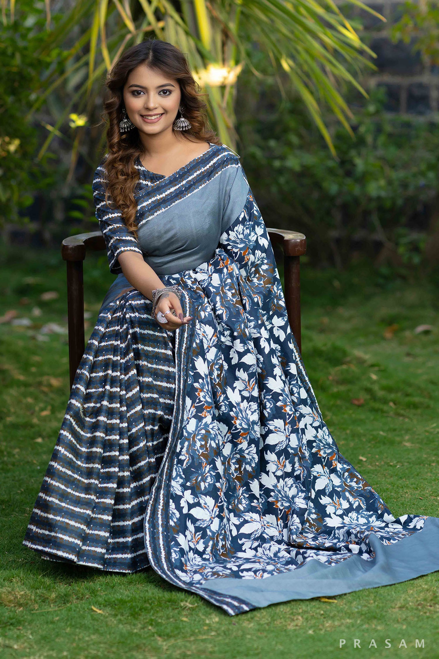 Vanya grey floral block printed cotton and chanderi fusion saree