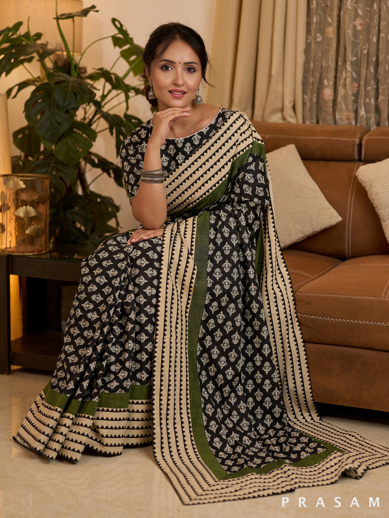 Enchanted Grove Ajrakh Block Printed Cotton Saree