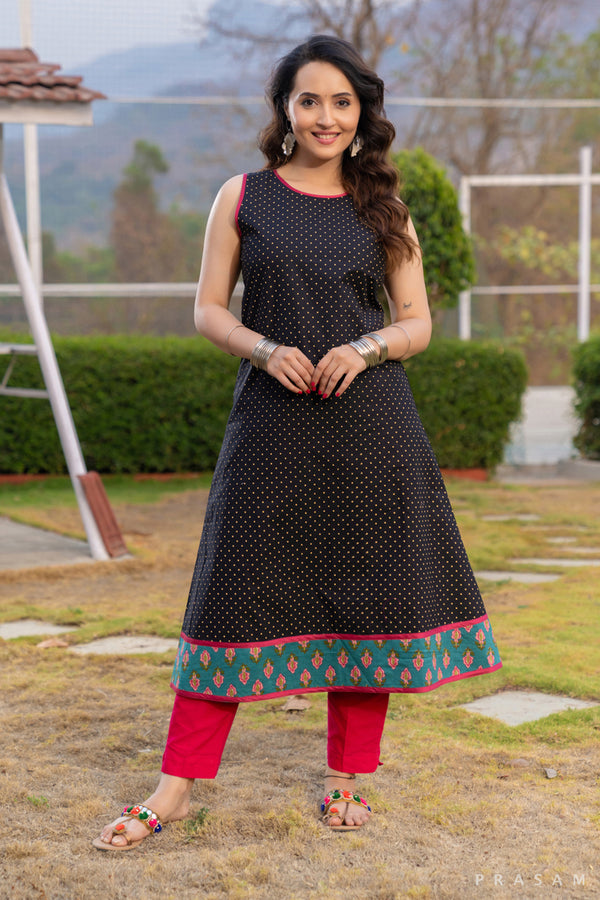 Midnight Whimsy Black Dotted Cotton Kurti with Printed Daaman and Pink Trims