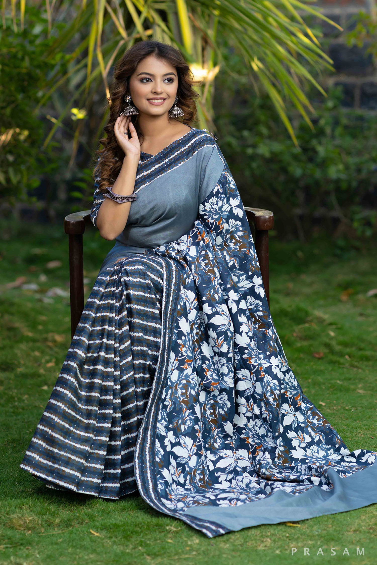 Vanya grey floral block printed cotton and chanderi fusion saree