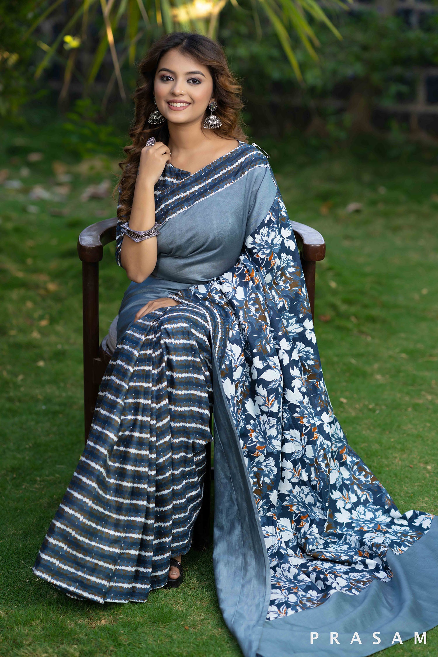 Vanya grey floral block printed cotton and chanderi fusion saree