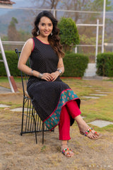 Midnight Whimsy Black Dotted Cotton Kurti with Printed Daaman and Pink Trims