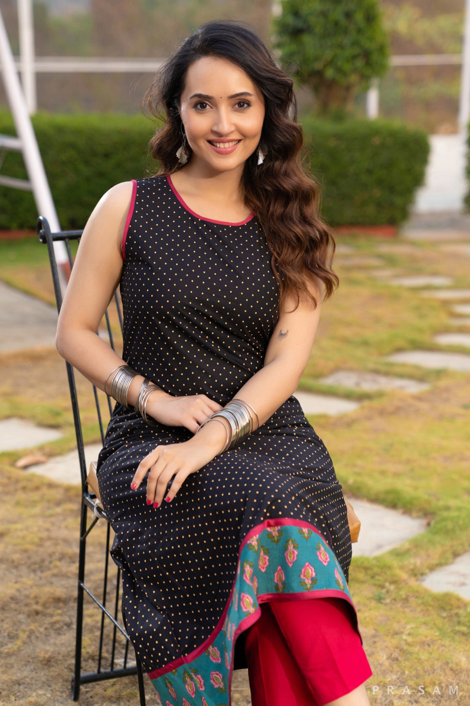 Midnight Whimsy Black Dotted Cotton Kurti with Printed Daaman and Pink Trims