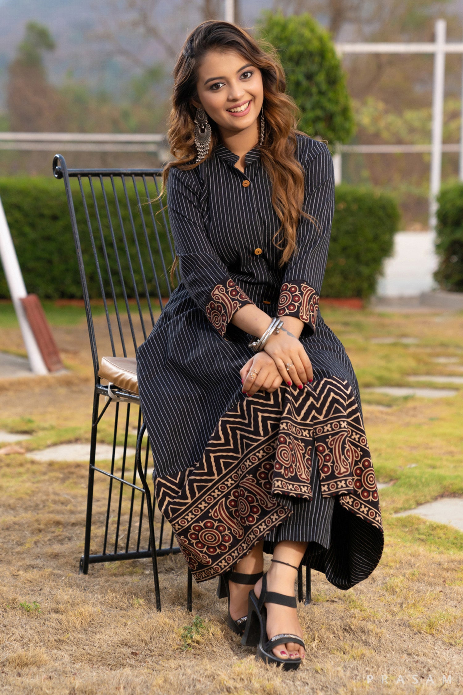 Sapphire Serenade Stripe Cotton Ajrakh Kurti with Printed Daaman (Optional Pants)