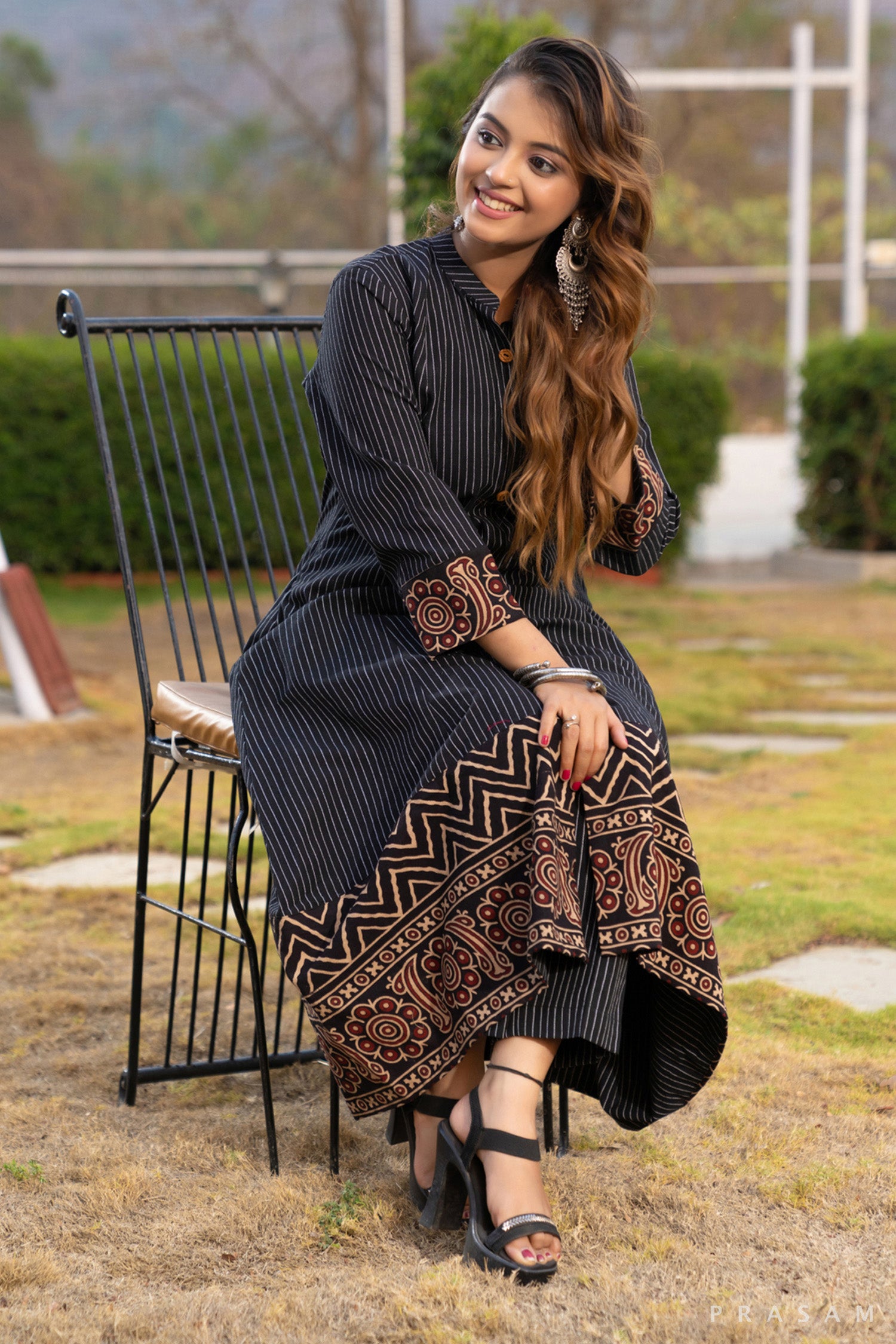 Sapphire Serenade Stripe Cotton Ajrakh Kurti with Printed Daaman (Optional Pants)