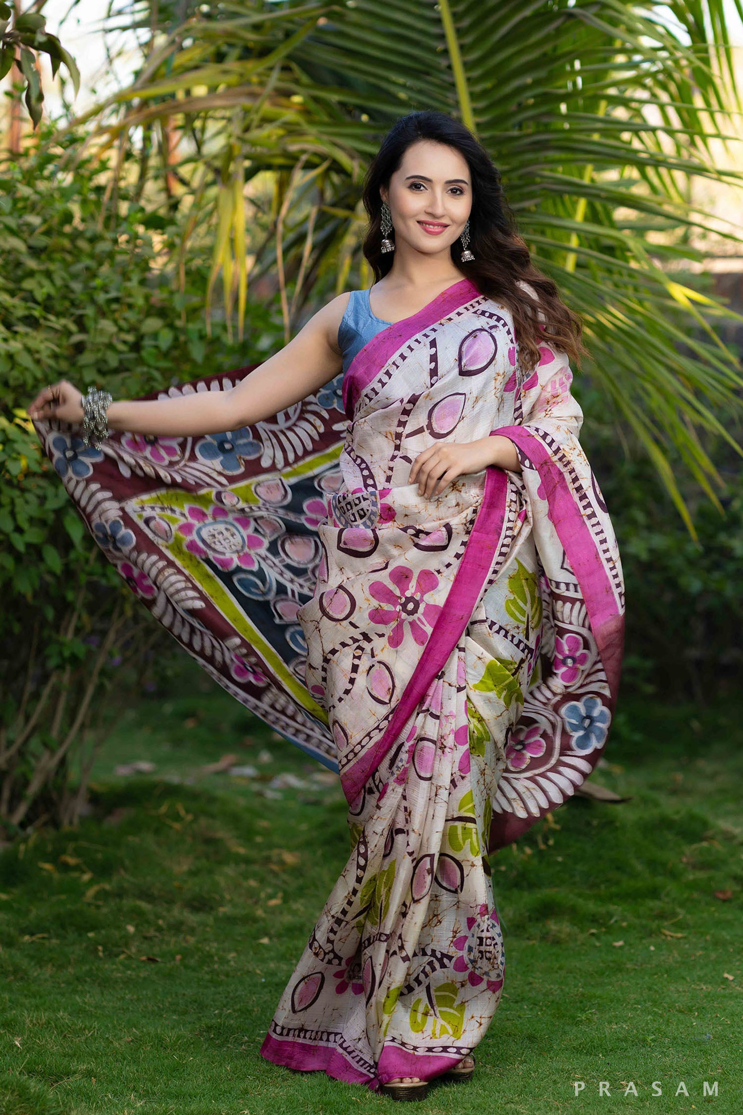 Snowy lily floral design batik silk saree