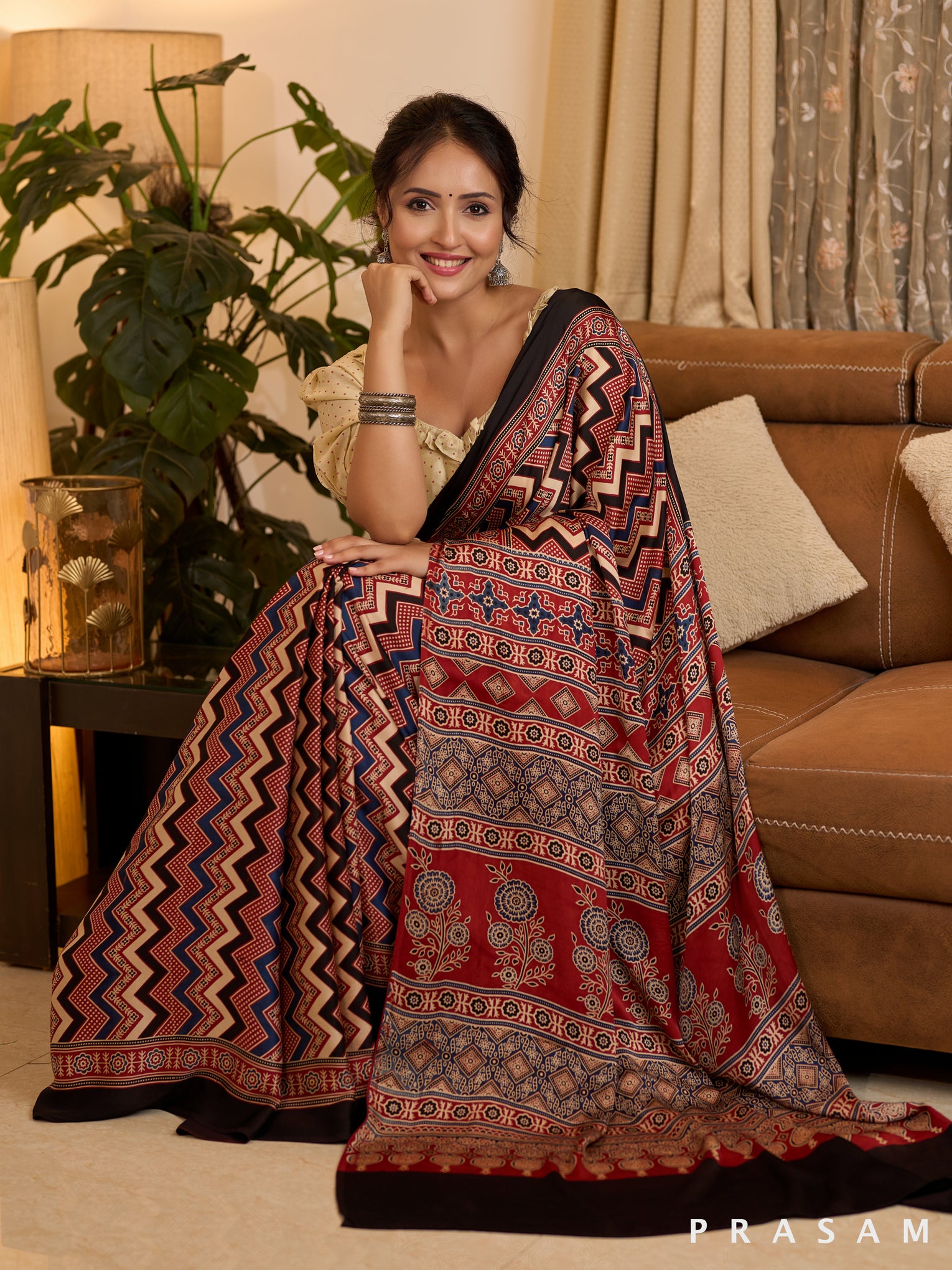 Crimson Charm Silk Modal Ajrakh Saree