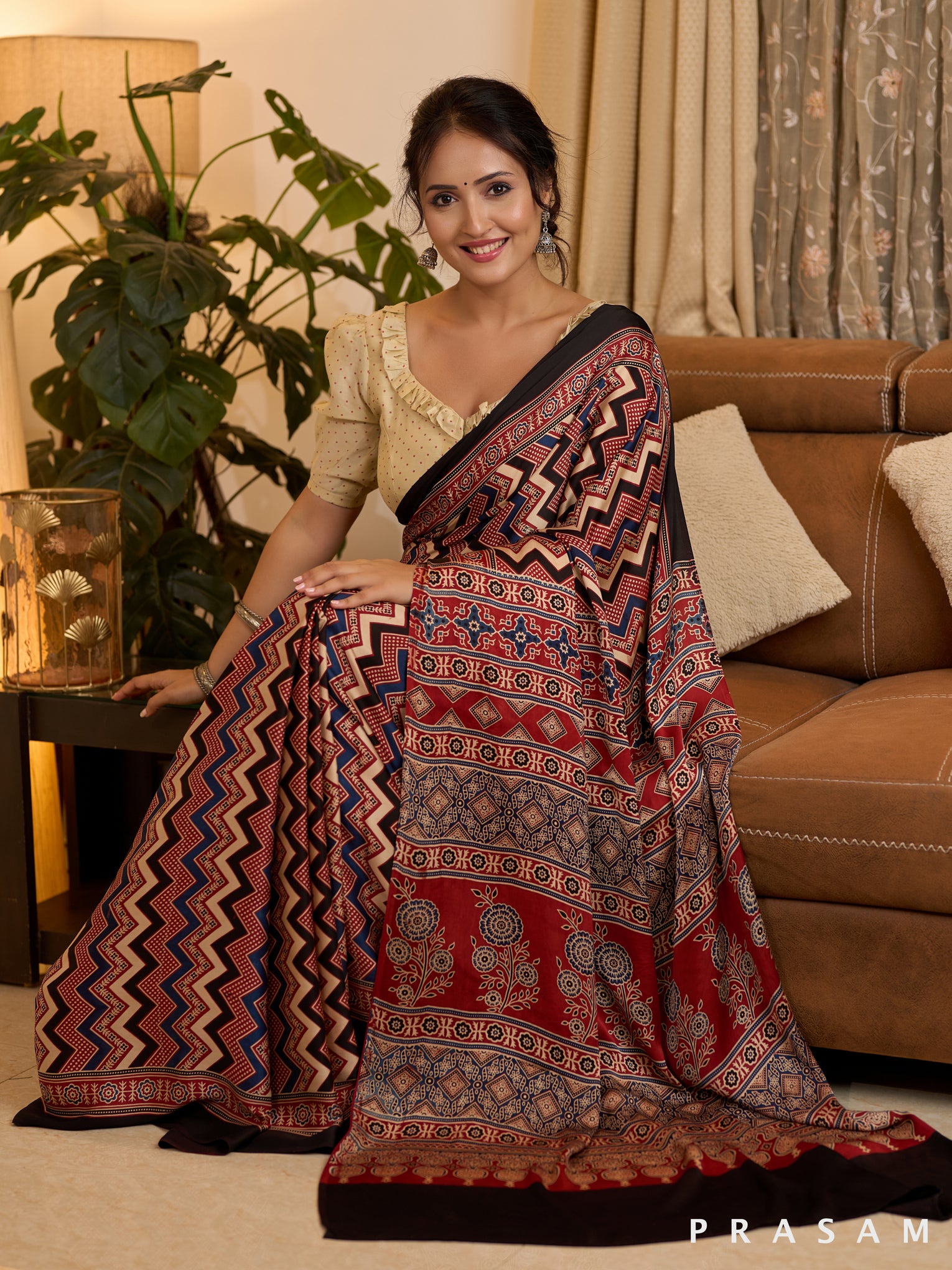 Crimson Charm Silk Modal Ajrakh Saree