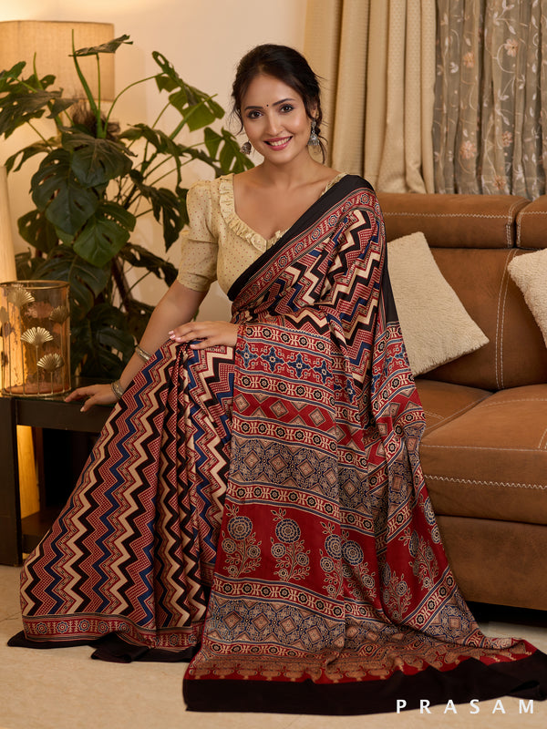 Crimson Charm Silk Modal Ajrakh Saree