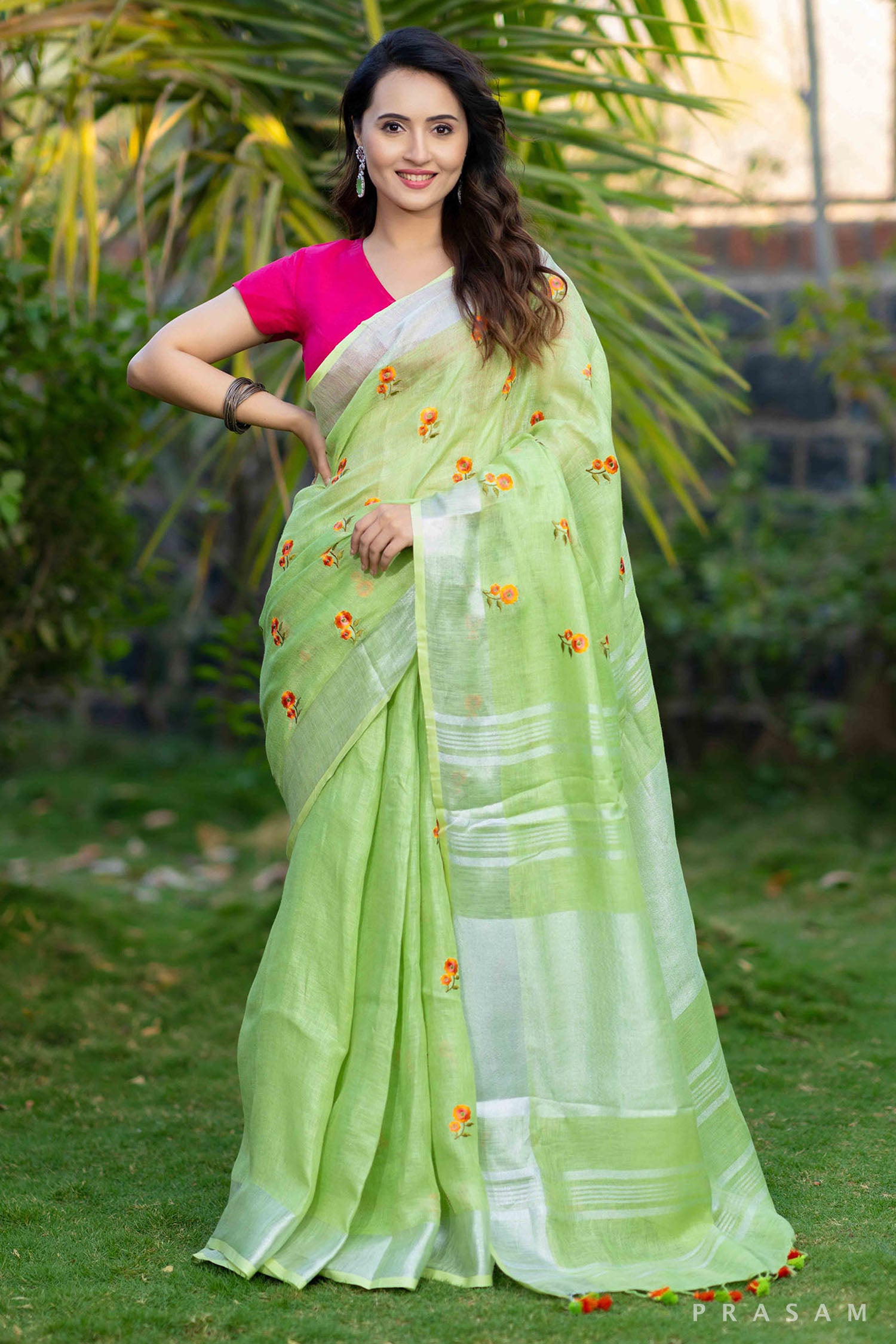 Minty Mist linen embroidery saree