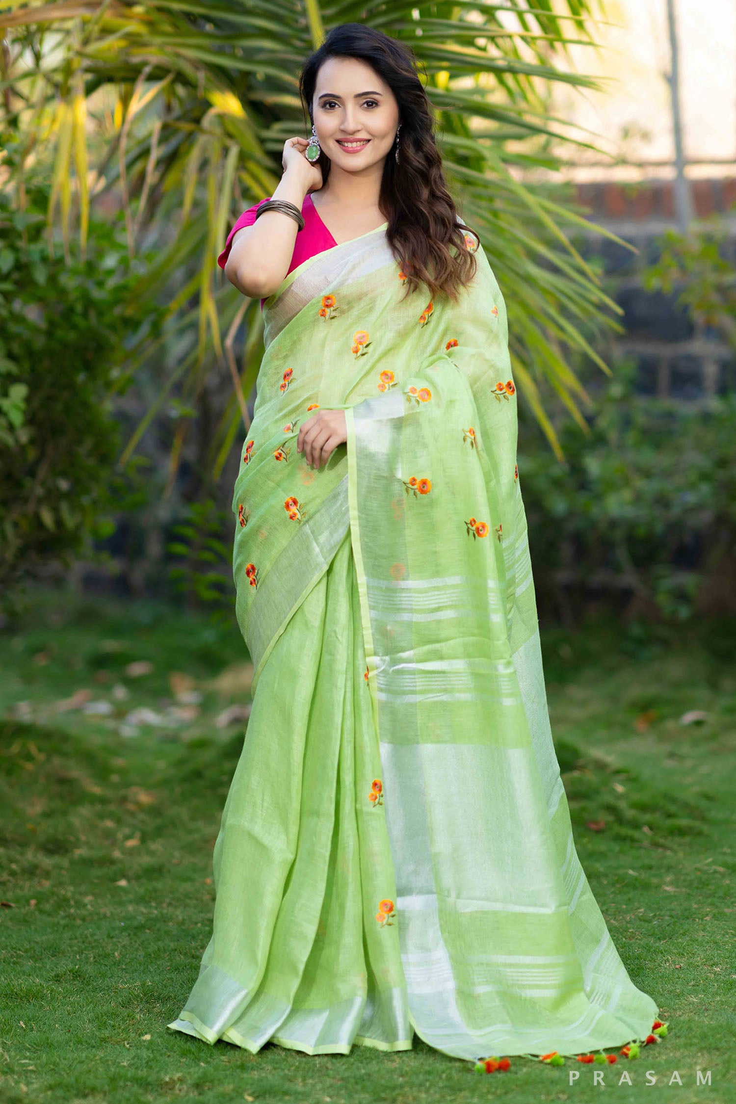 Minty Mist linen embroidery saree