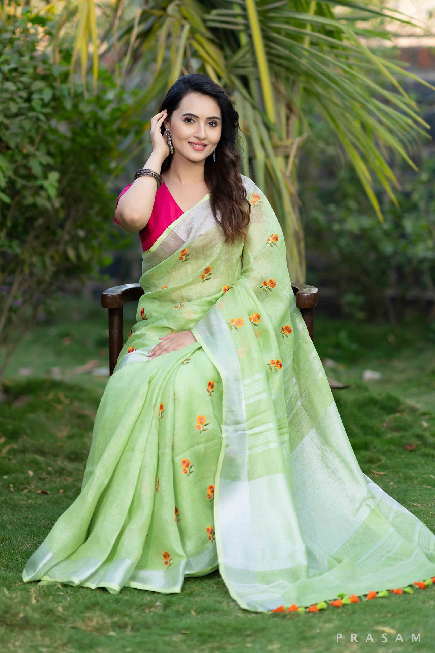 Minty Mist linen embroidery saree