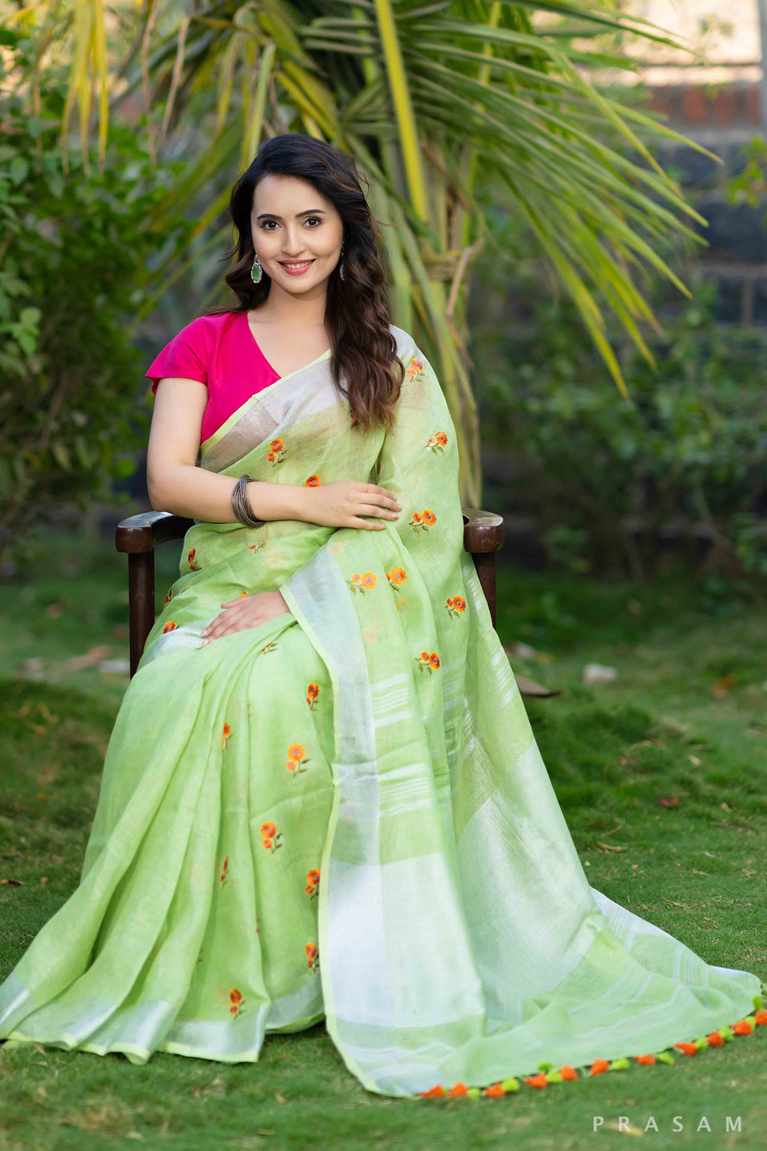 Minty Mist linen embroidery saree