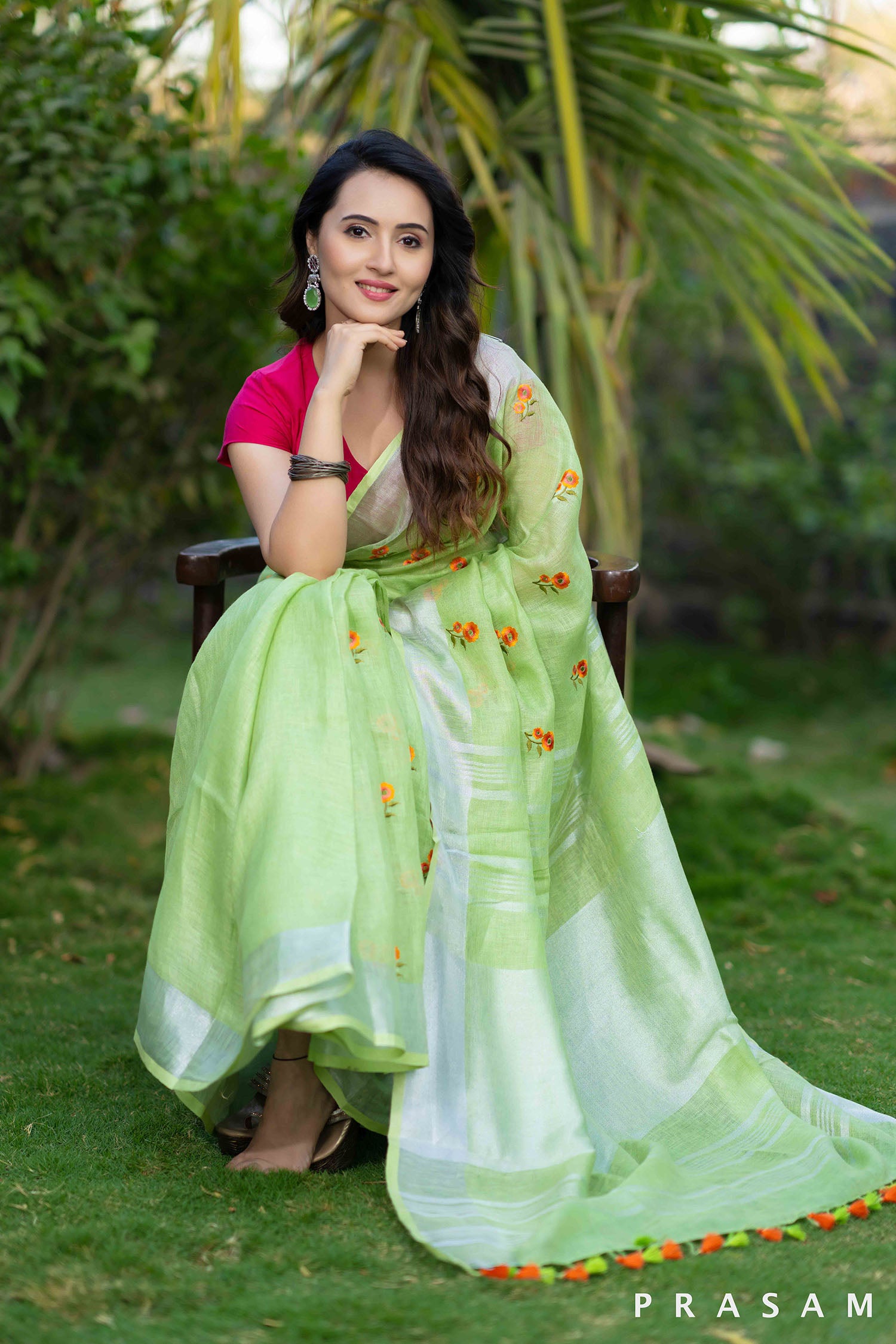 Minty Mist linen embroidery saree