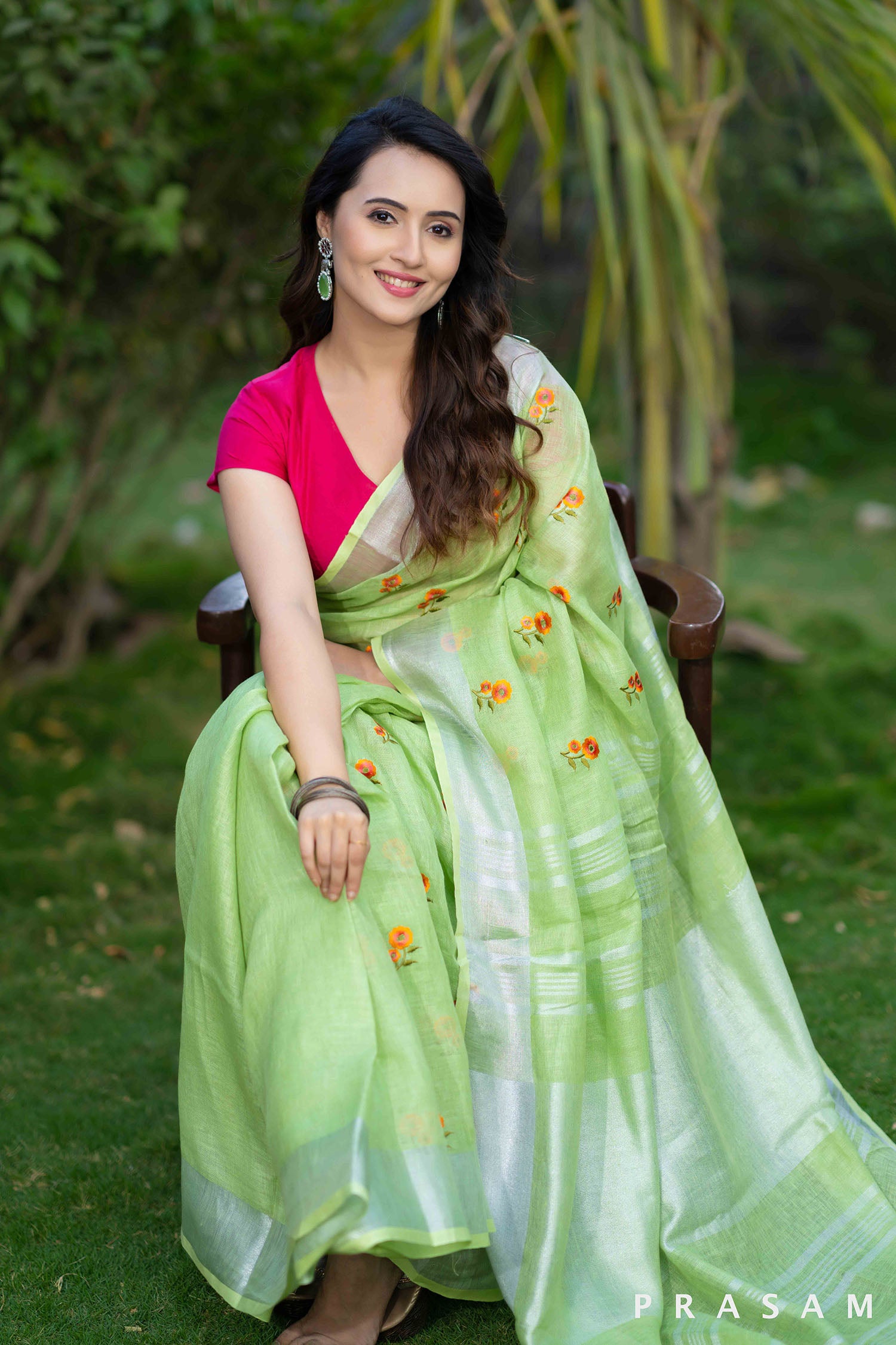 Minty Mist linen embroidery saree