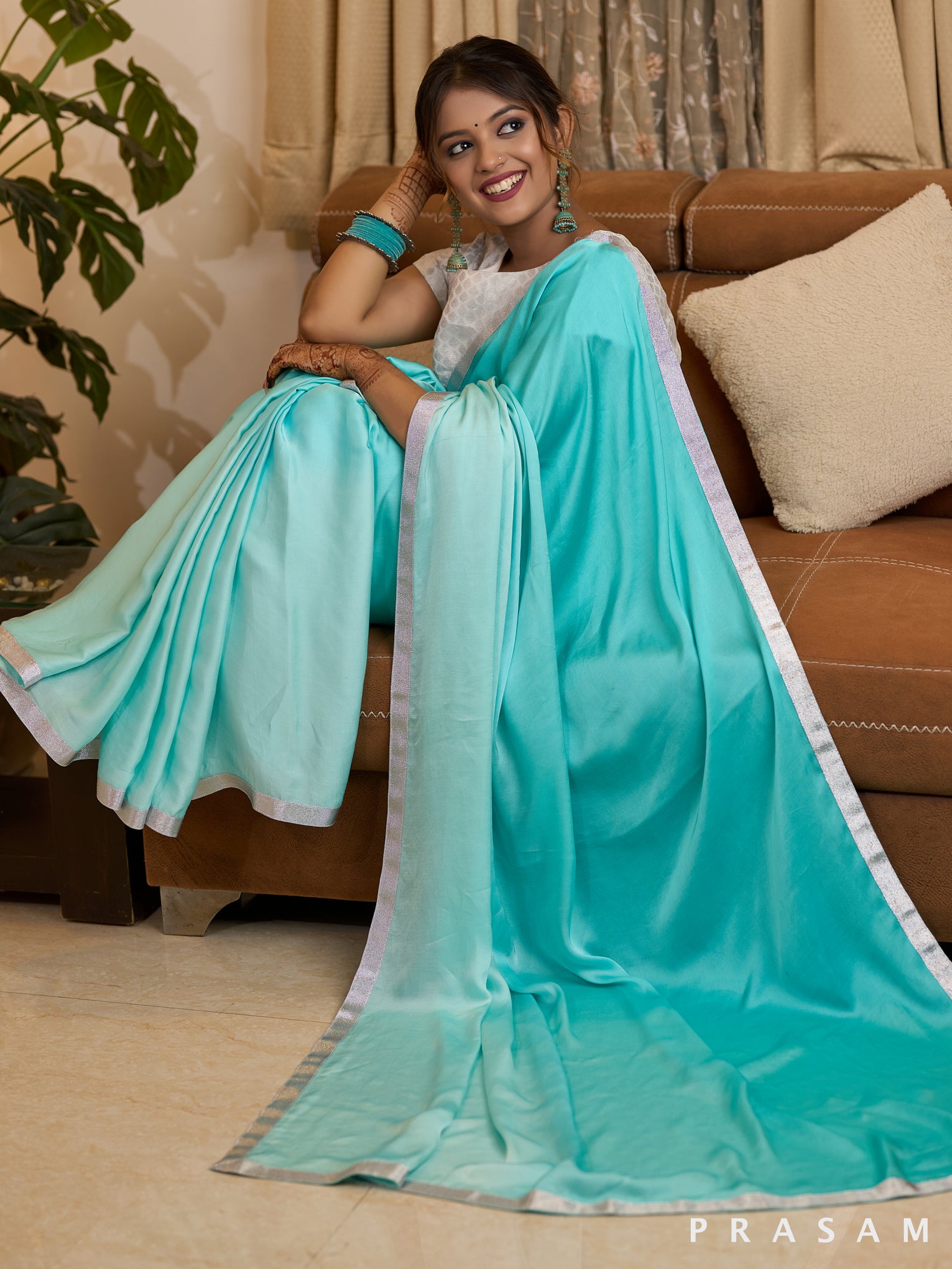 Whispering Waves Light Blue Silk Modal Saree with Silver Lace