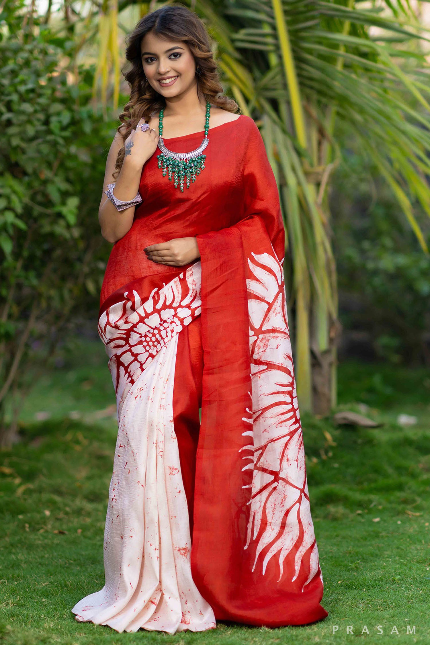 Red batik silk saree