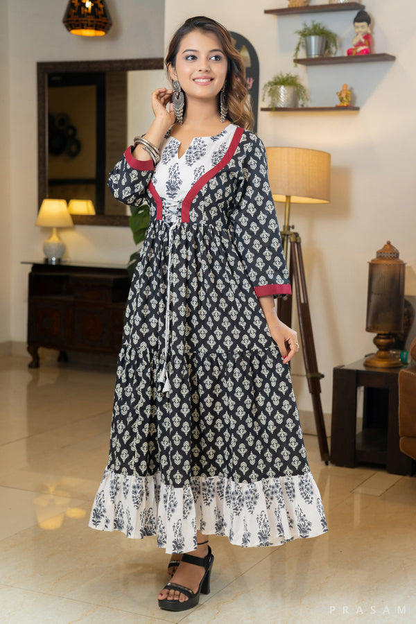 Midnight Blossom Black Printed Cotton Mul Dress with Trims
