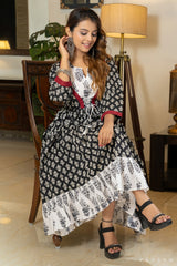 Midnight Blossom Black Printed Cotton Mul Dress with Trims