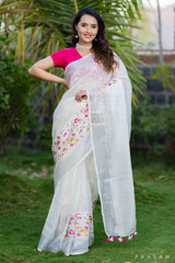 Tarini white linen embroidery saree