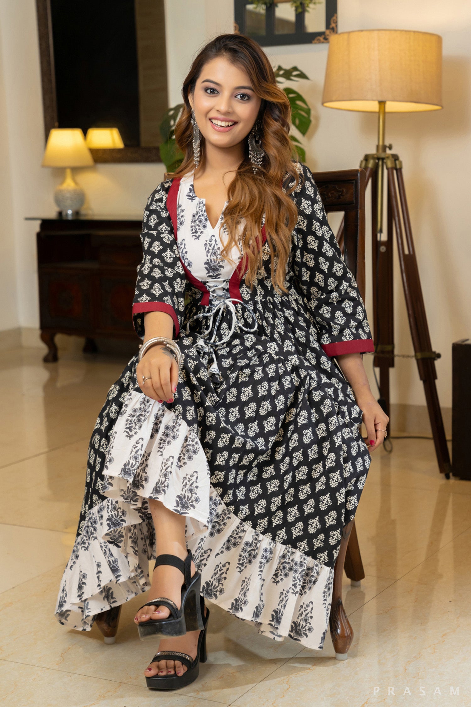 Midnight Blossom Black Printed Cotton Mul Dress with Trims