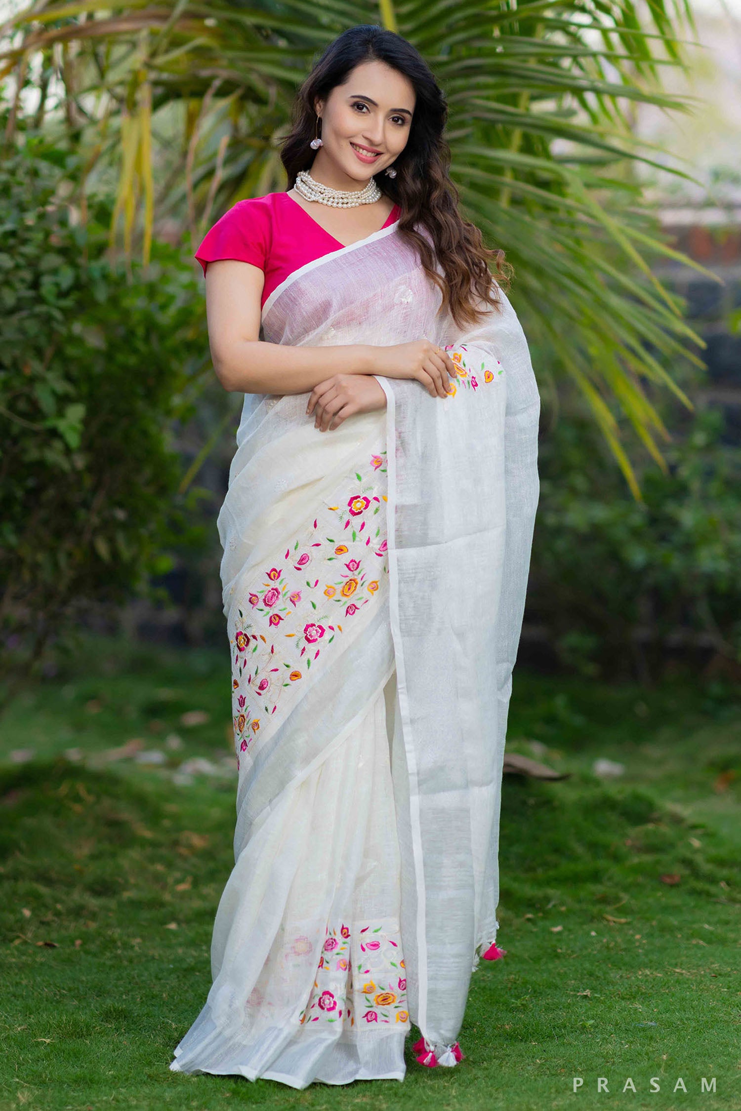 Tarini white linen embroidery saree