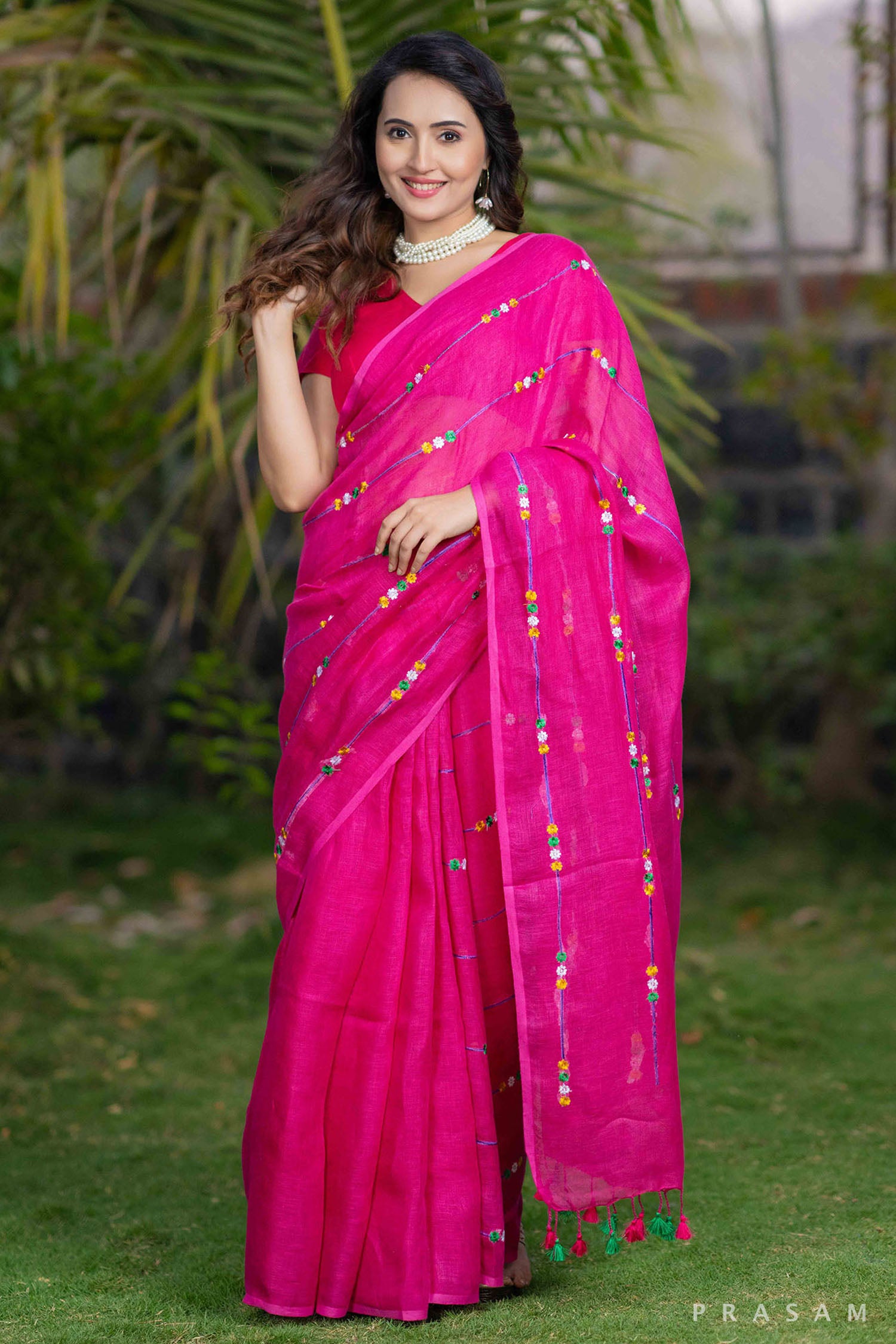 Gulab pink embroidery linen saree