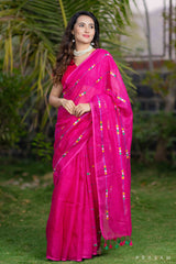 Gulab pink embroidery linen saree