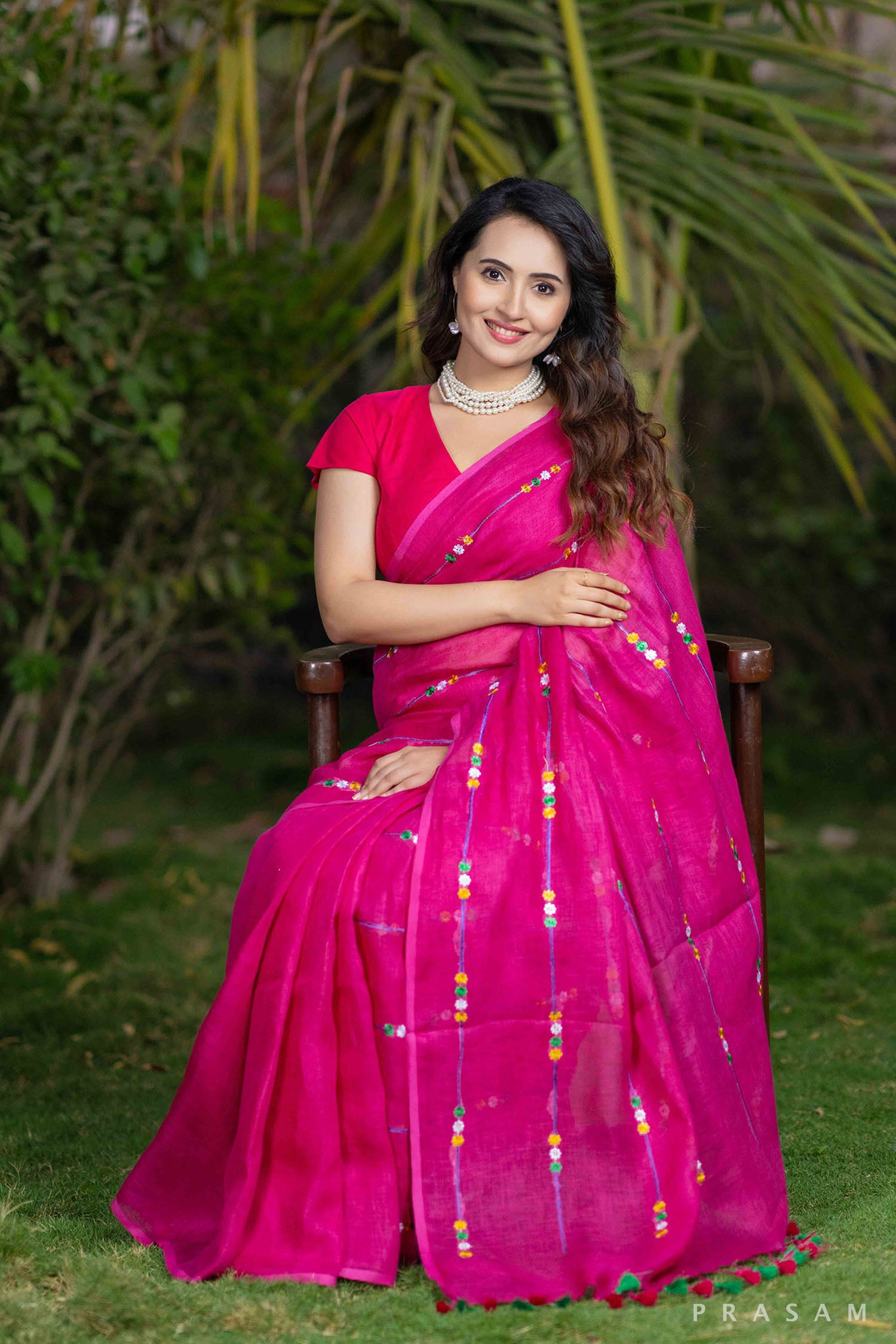 Gulab pink embroidery linen saree