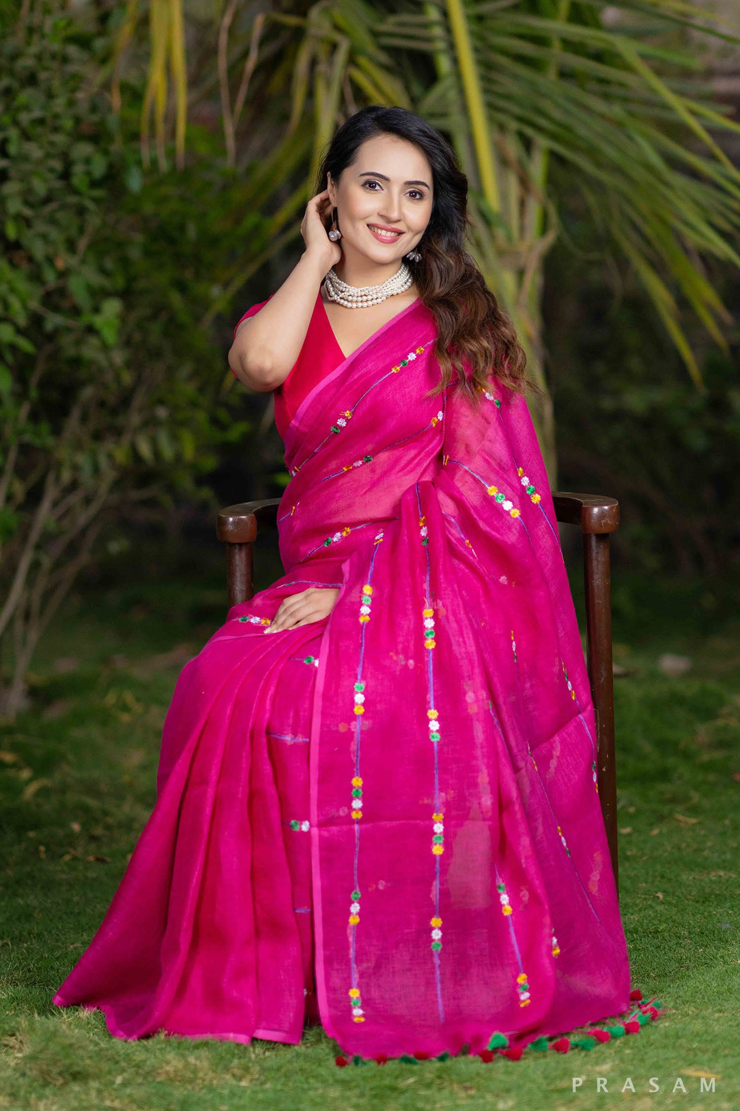 Gulab pink embroidery linen saree