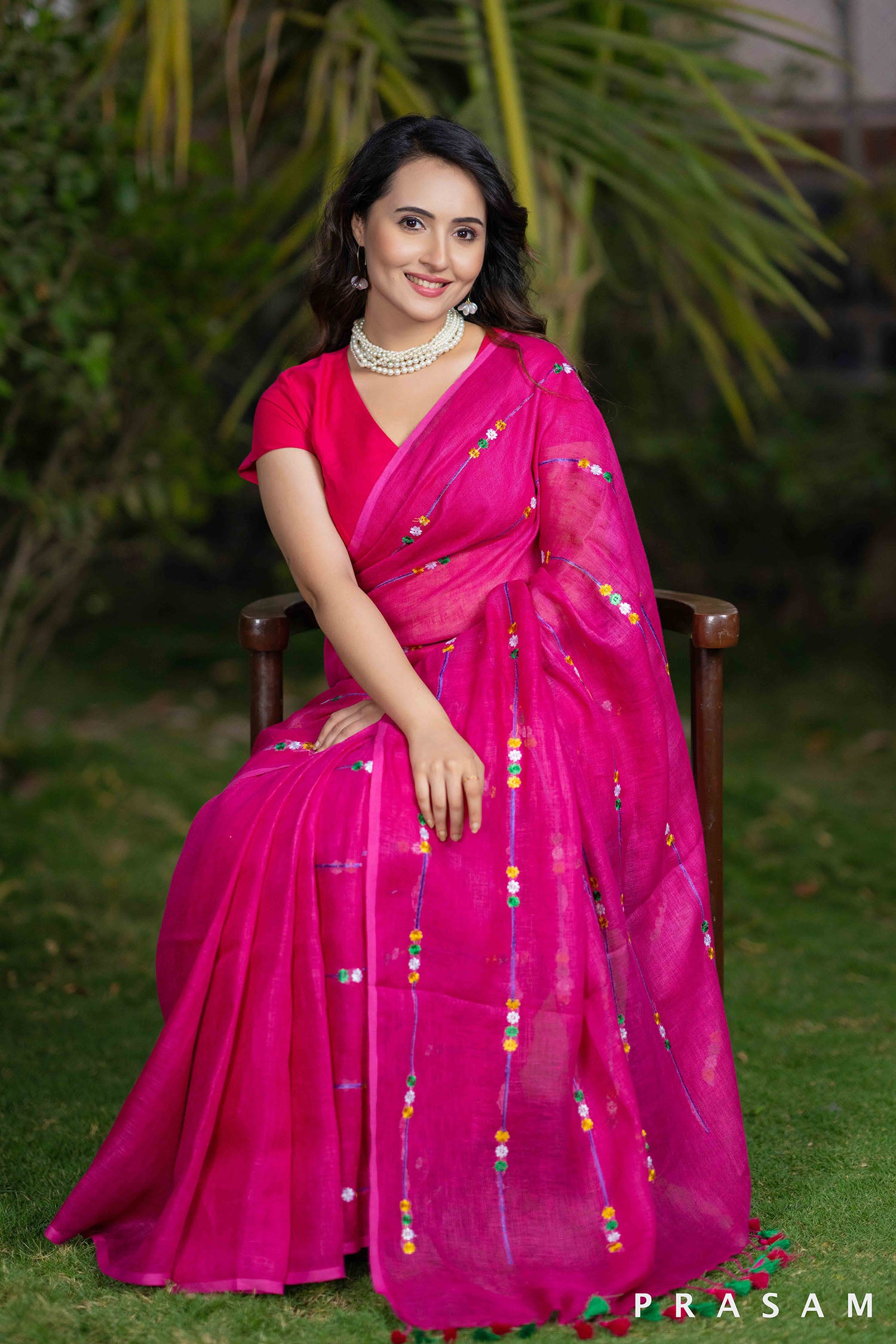 Gulab pink embroidery linen saree