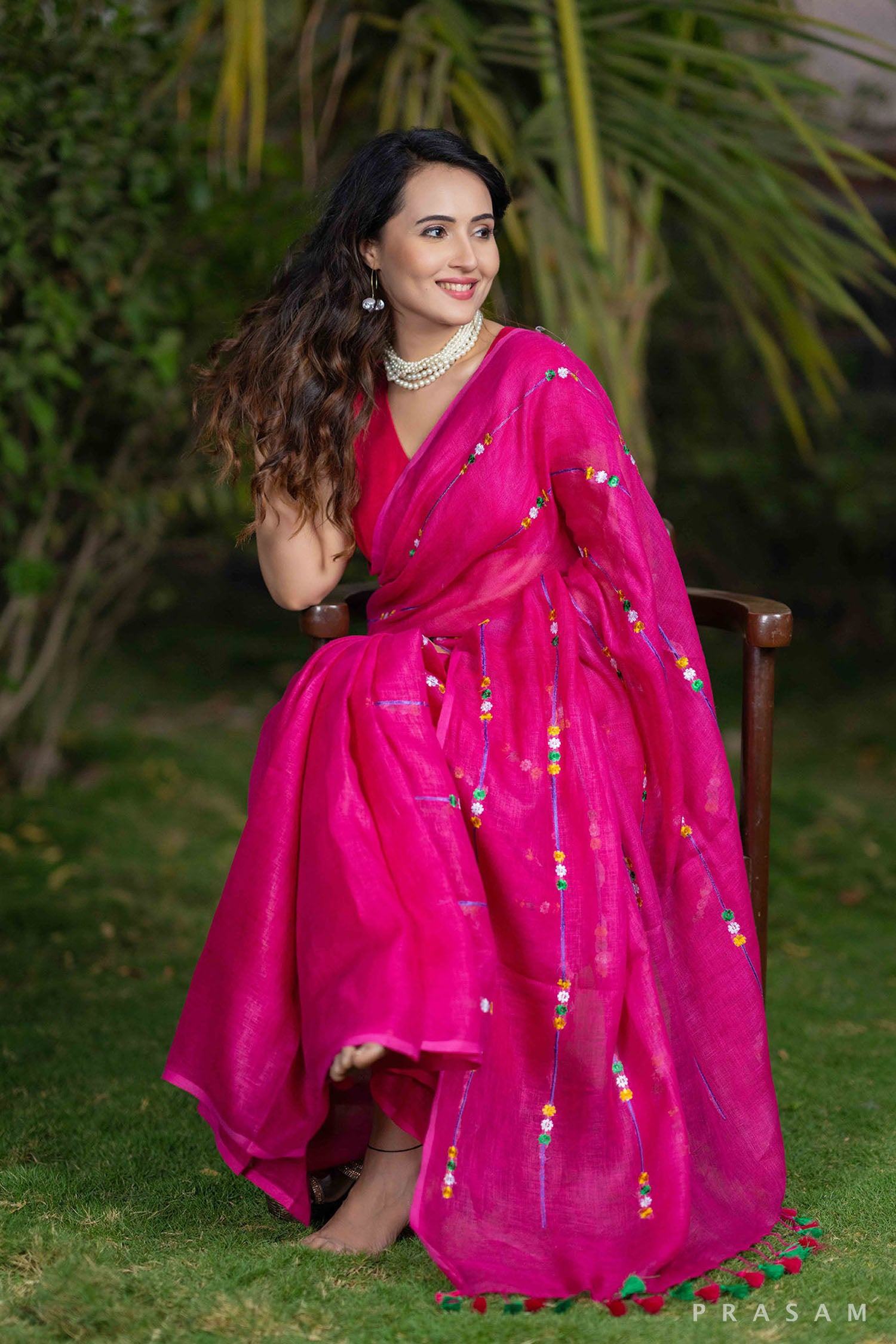 Gulab pink embroidery linen saree