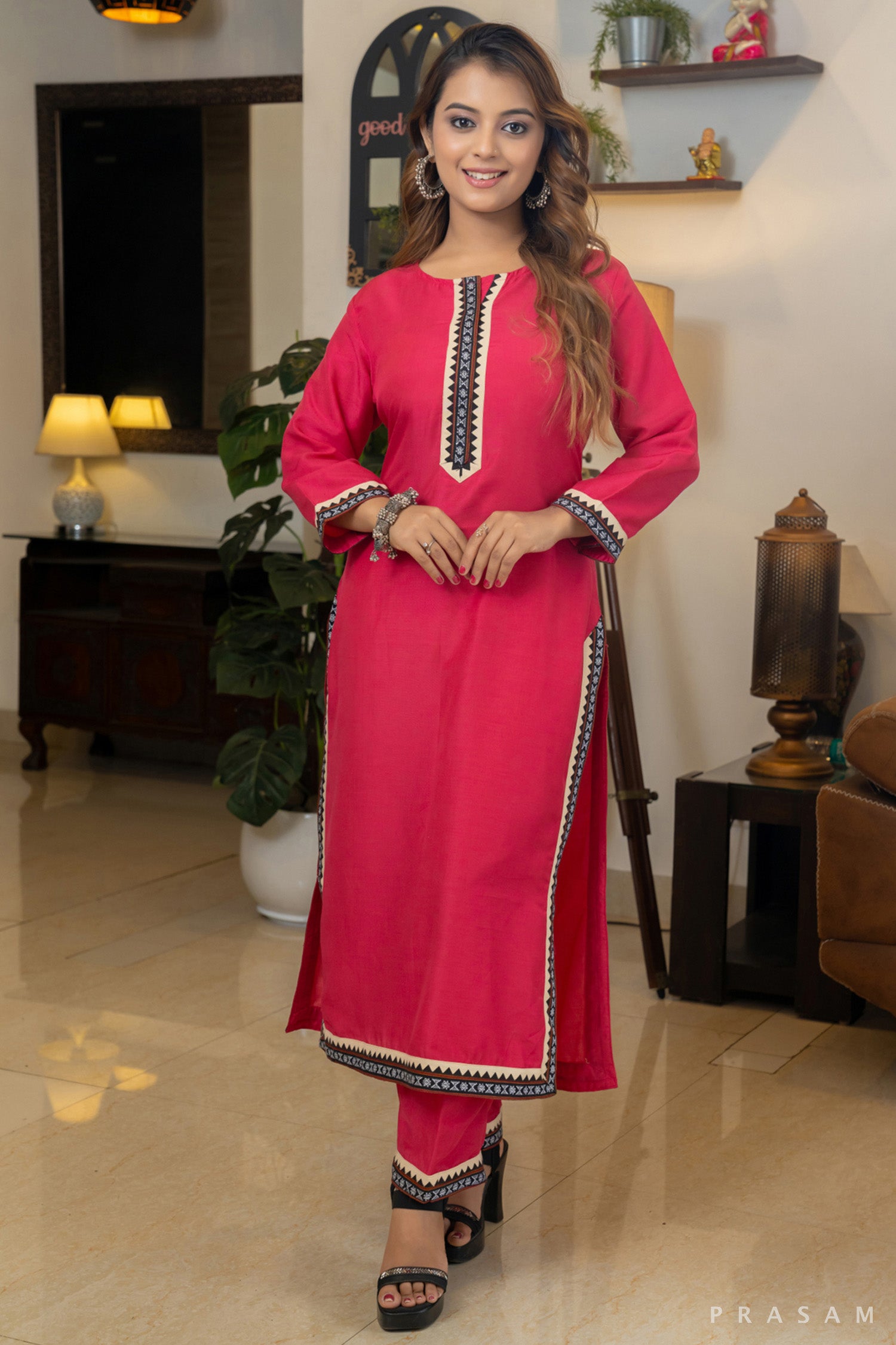 Royal Radiance Rani Pink Mul Muslin Kurta Set with Ikat Trims