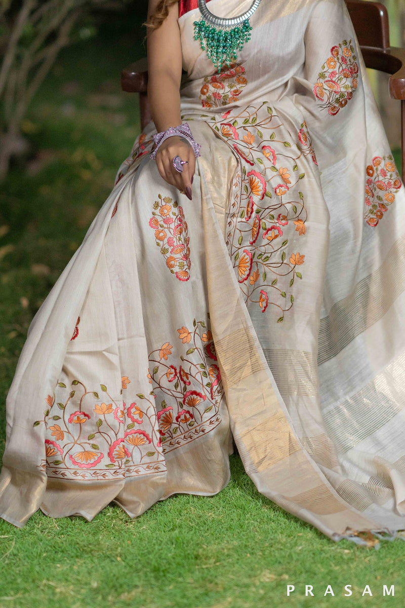 sandstone tussar muga silk embroidery saree