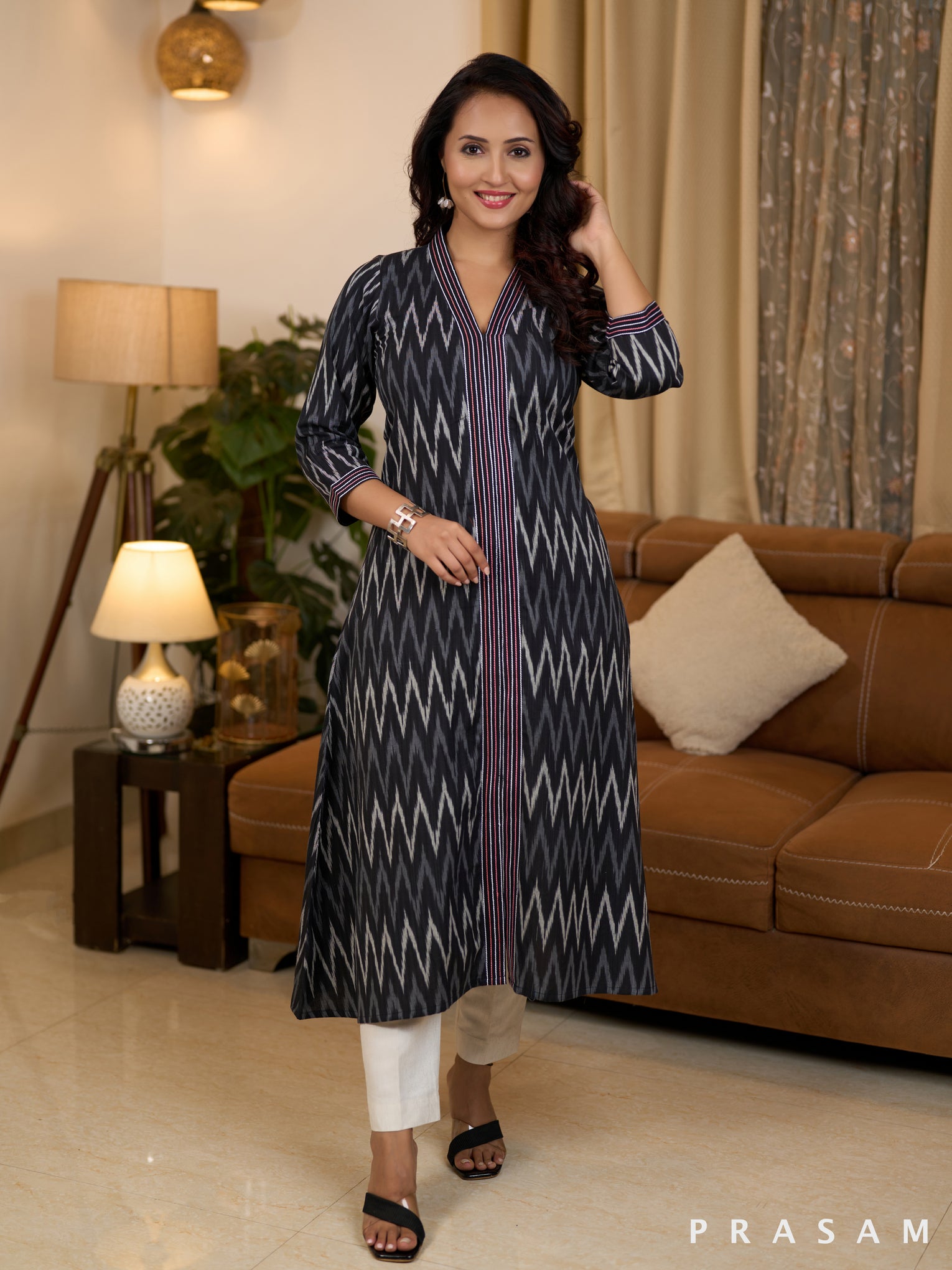 Black & White Embroidered Ikat Kurti (Optional Pants)