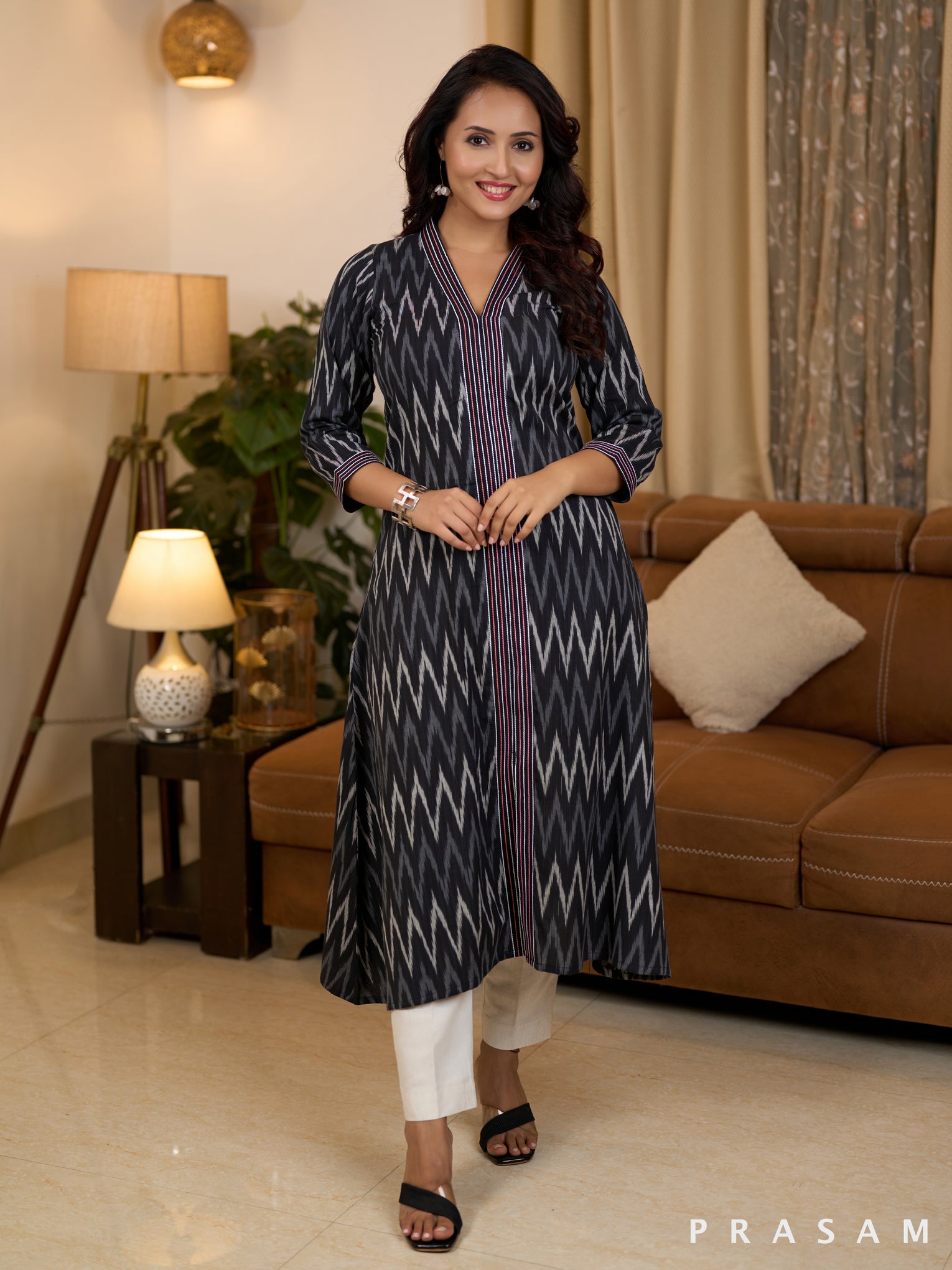 Black & White Embroidered Ikat Kurti (Optional Pants)