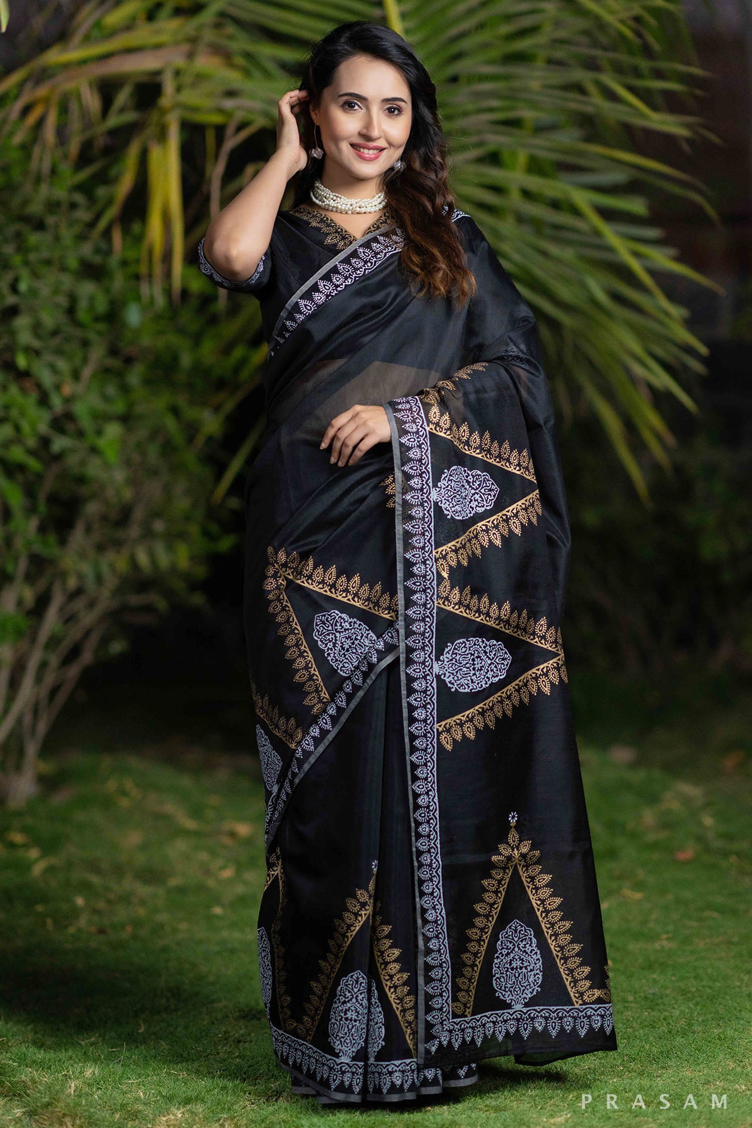 Komal black chanderi block print saree