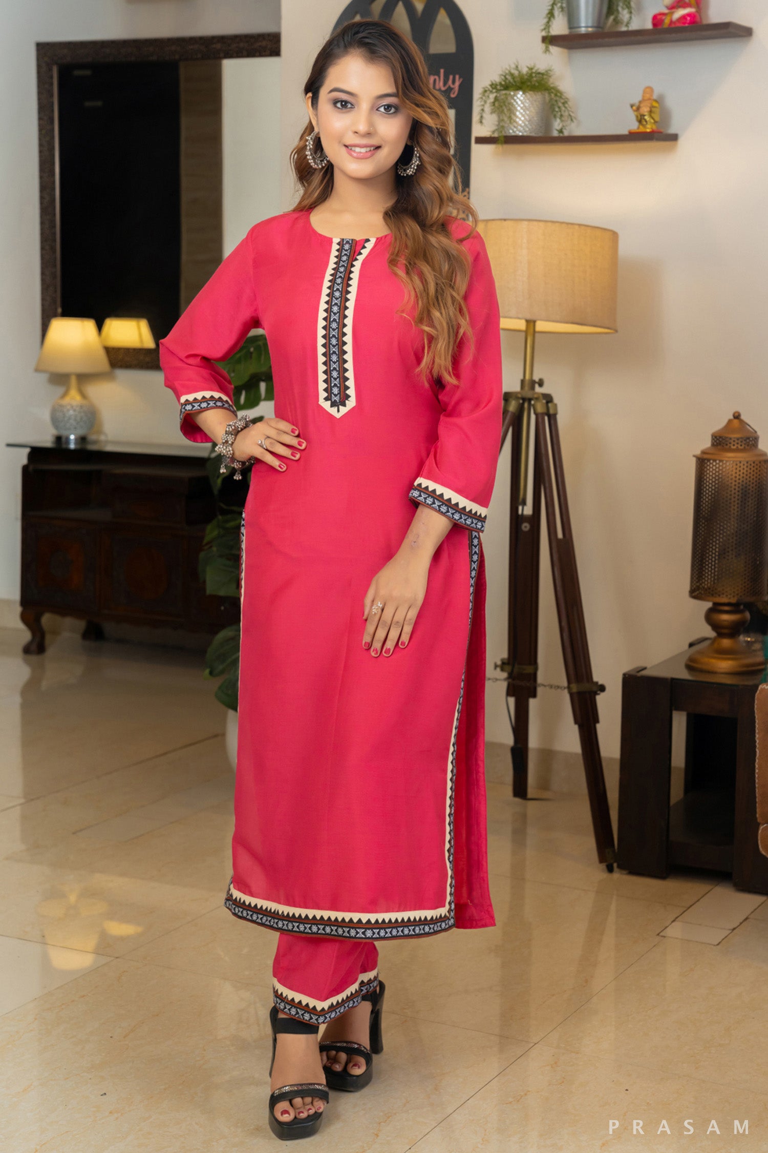 Royal Radiance Rani Pink Mul Muslin Kurta Set with Ikat Trims