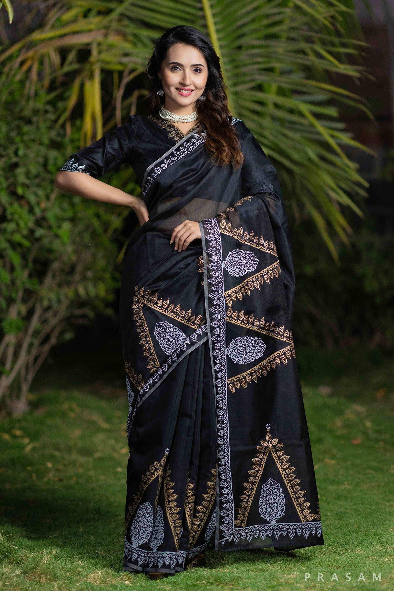 Komal black chanderi block print saree