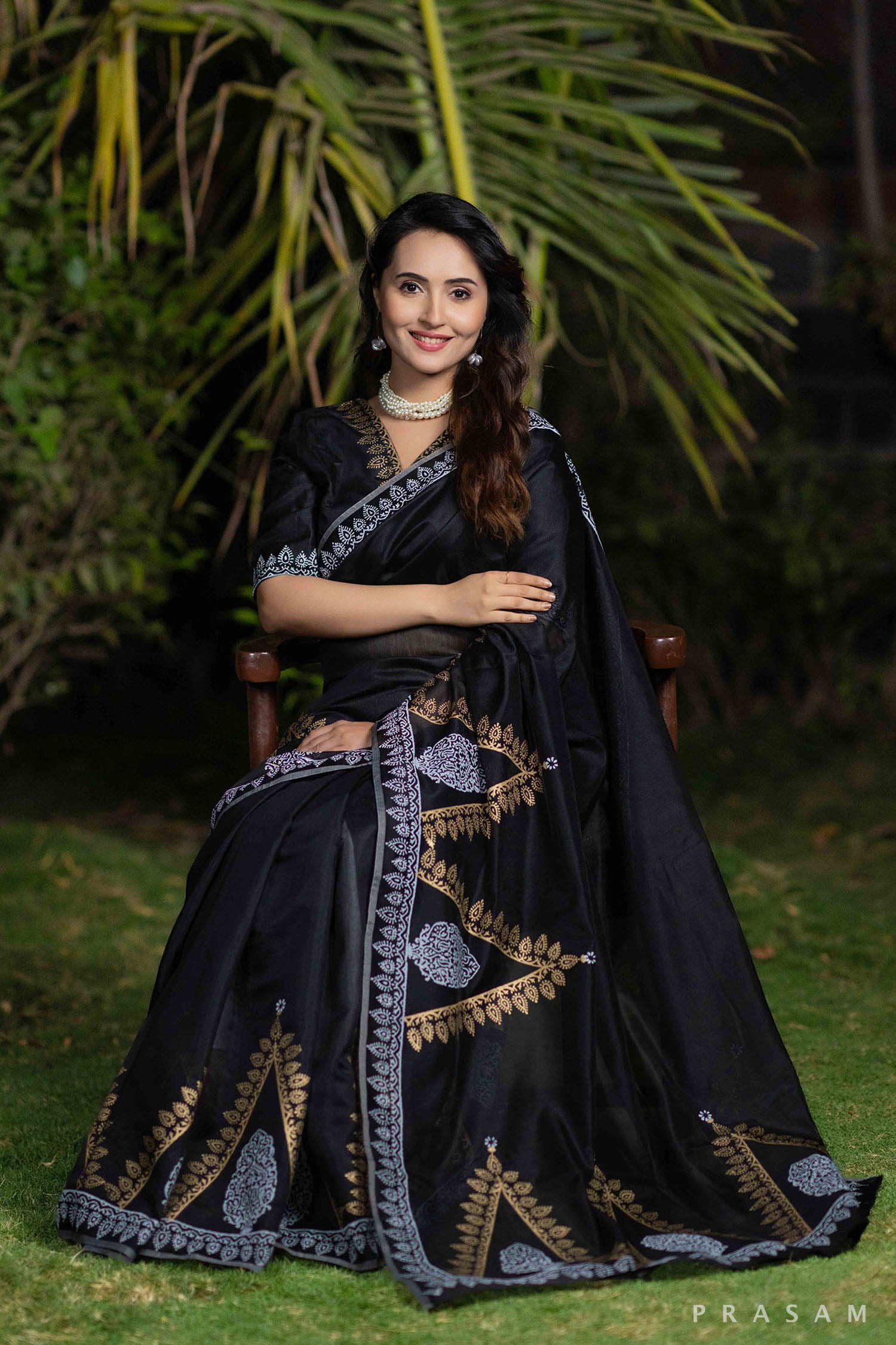 Komal black chanderi block print saree