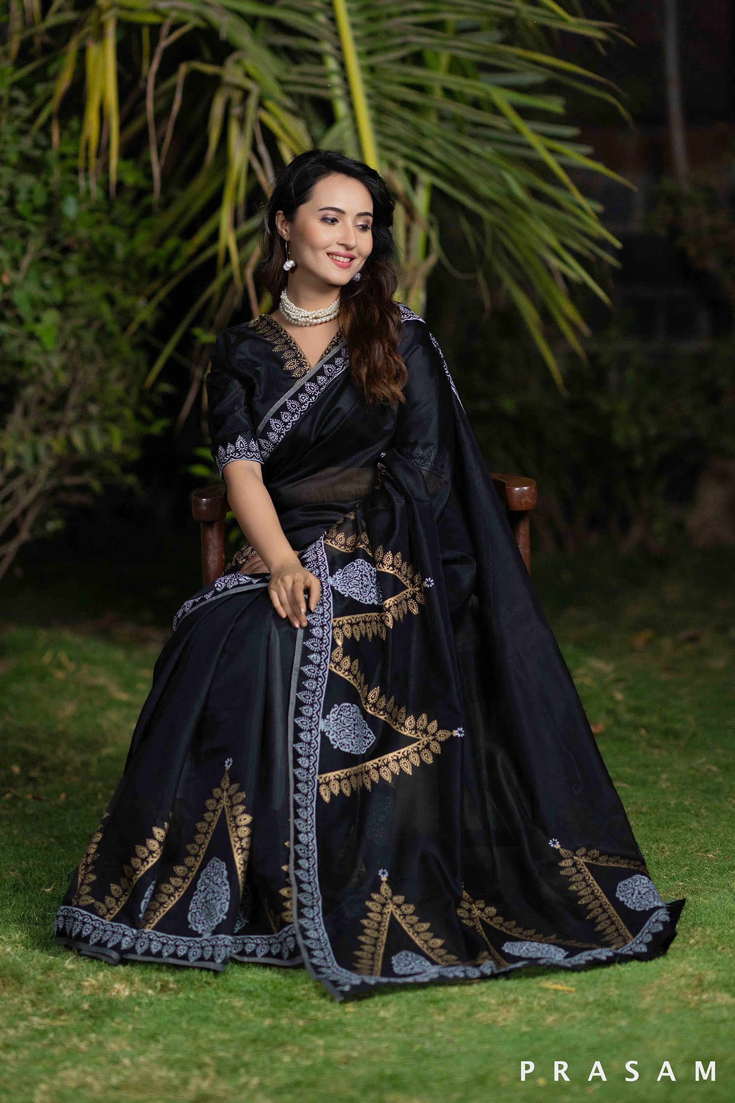 Komal black chanderi block print saree