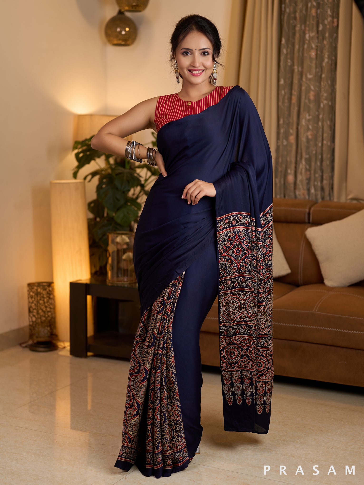 Indigo Ajrakh Paisley Modal Silk Saree