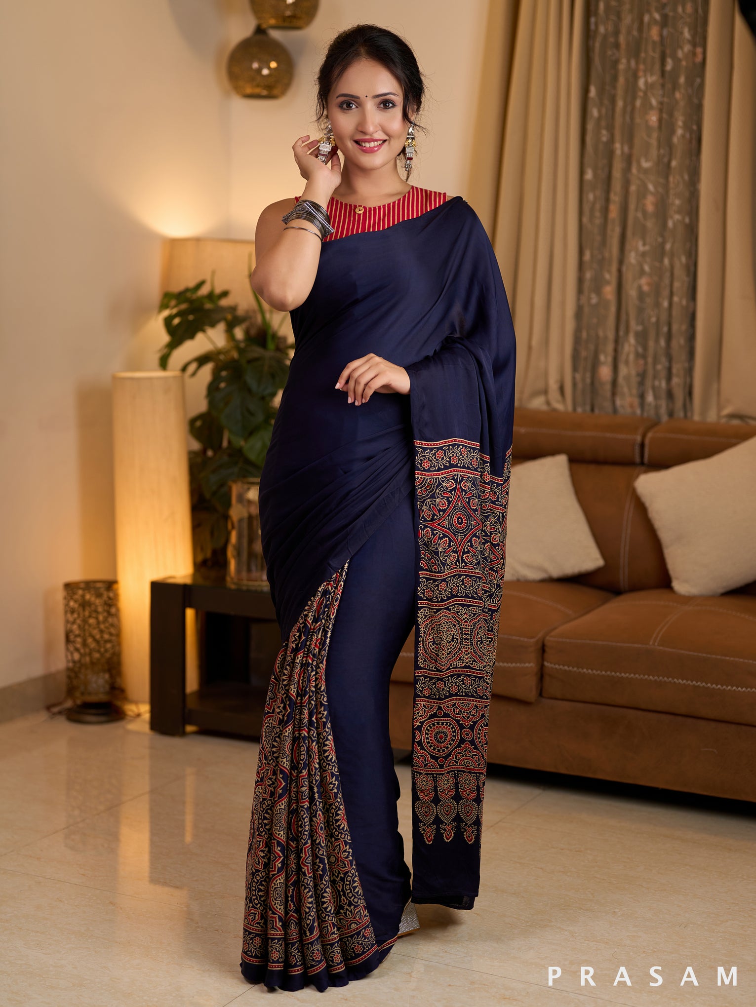 Indigo Ajrakh Paisley Modal Silk Saree