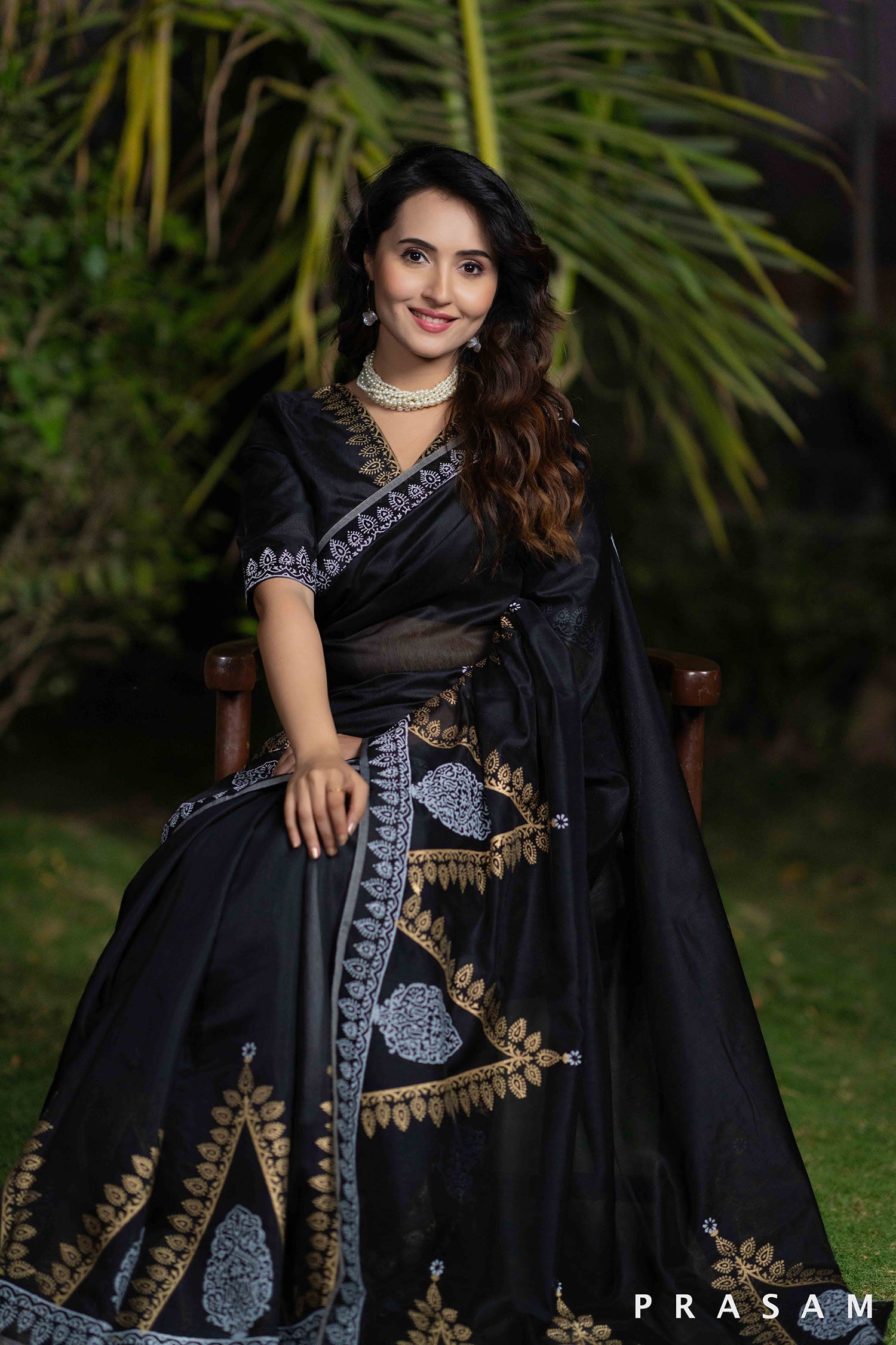 Komal black chanderi block print saree